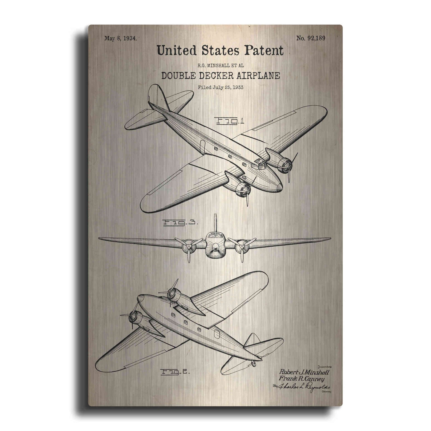 Luxe Metal Art 'Double Decker Airplane Blueprint Patent Parchment' Metal Wall Art