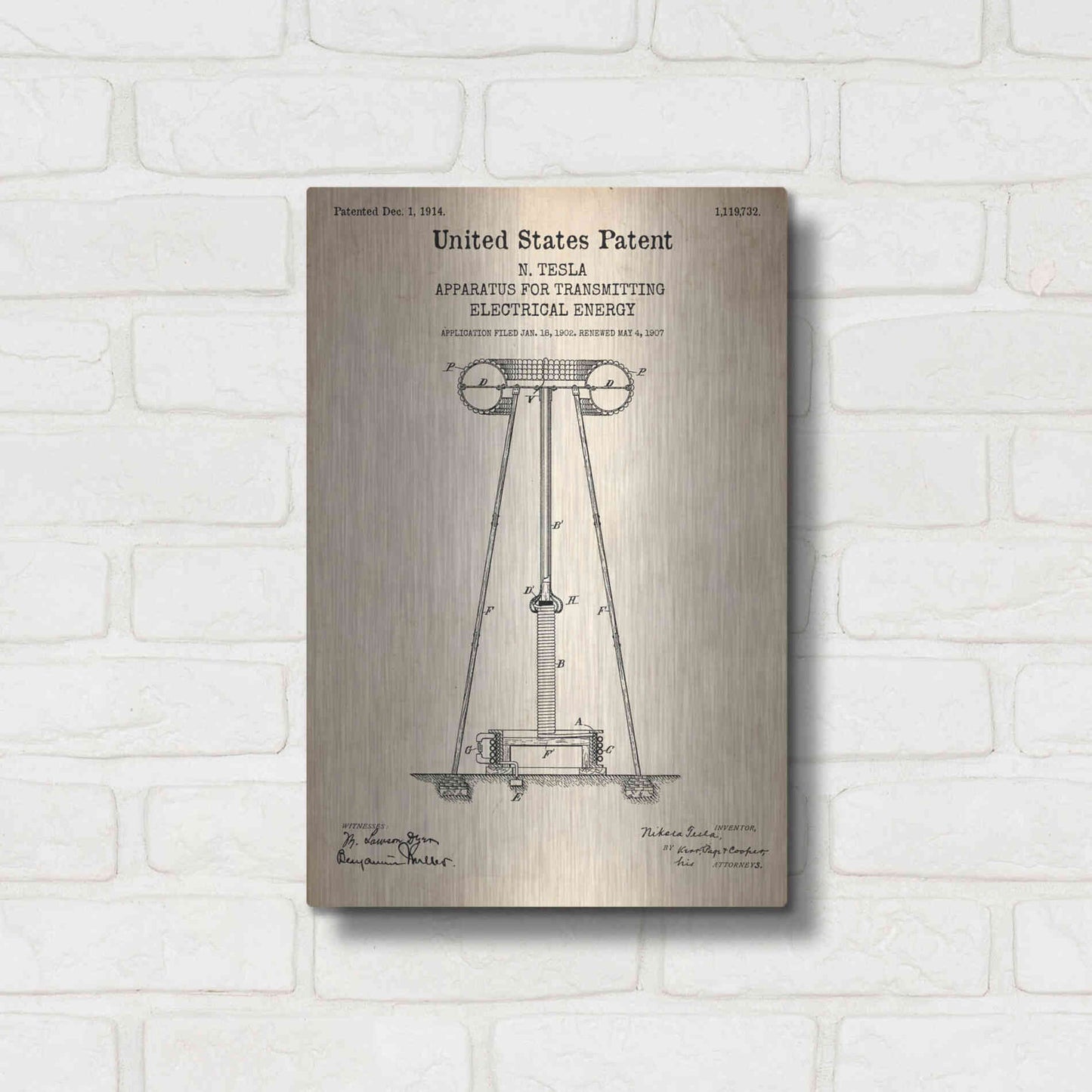 Luxe Metal Art 'Tesla Apparatus for Transmitting Electrical Energy Blueprint Patent Parchment' Metal Wall Art,12x16