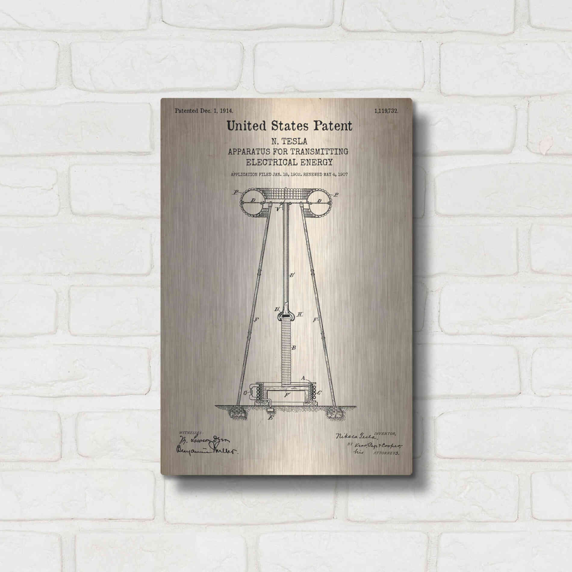 Luxe Metal Art 'Tesla Apparatus for Transmitting Electrical Energy Blueprint Patent Parchment' Metal Wall Art,12x16