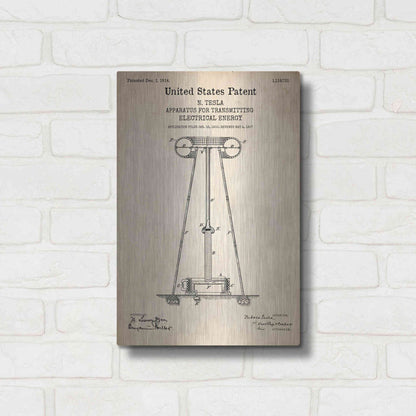 Luxe Metal Art 'Tesla Apparatus for Transmitting Electrical Energy Blueprint Patent Parchment' Metal Wall Art,12x16