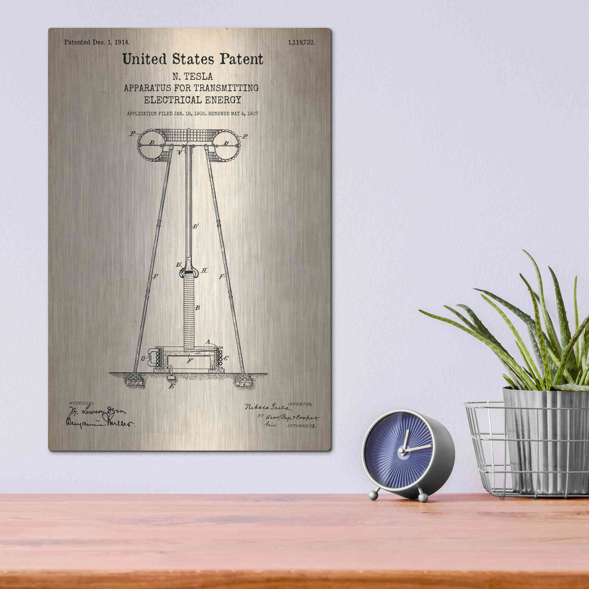 Luxe Metal Art 'Tesla Apparatus for Transmitting Electrical Energy Blueprint Patent Parchment' Metal Wall Art,12x16
