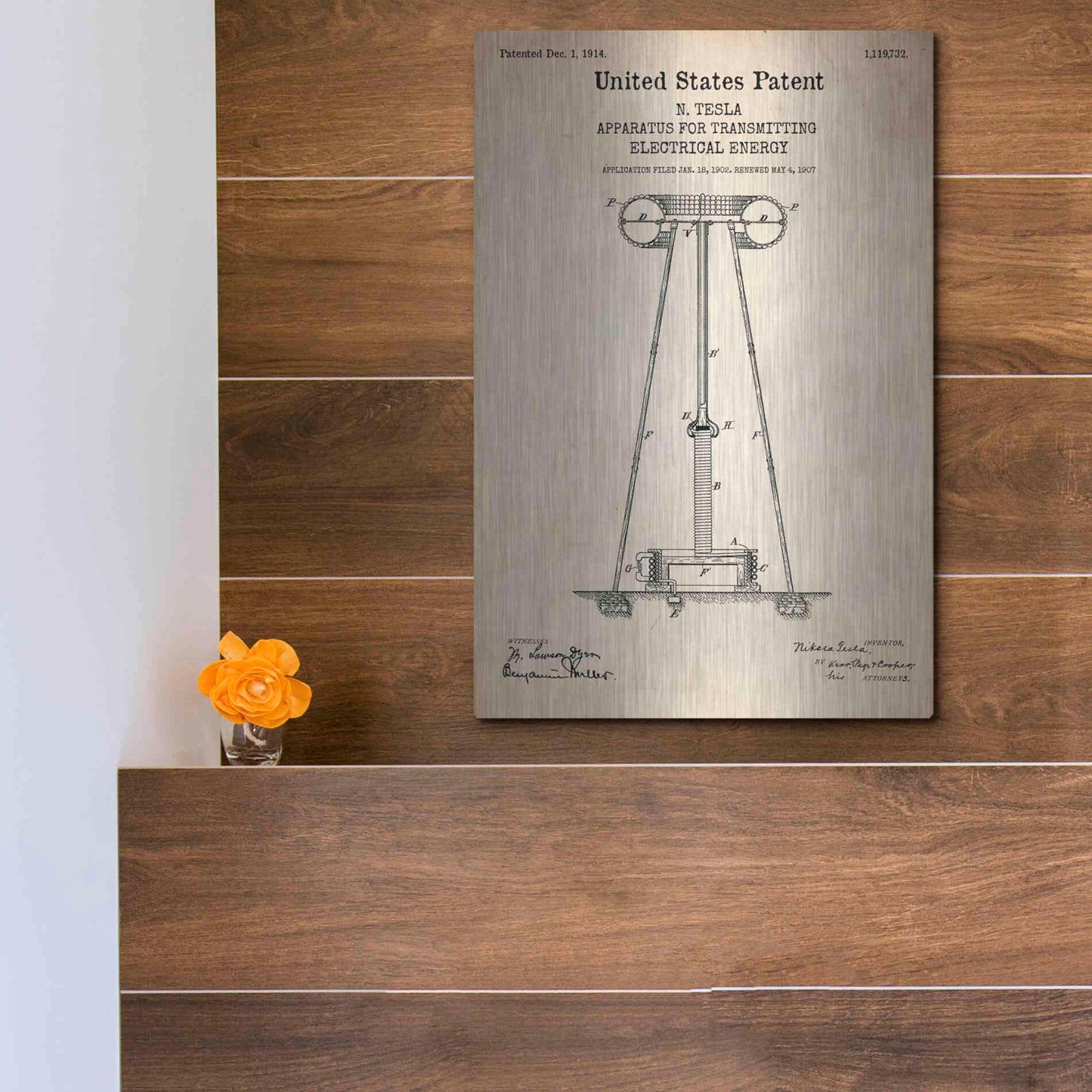 Luxe Metal Art 'Tesla Apparatus for Transmitting Electrical Energy Blueprint Patent Parchment' Metal Wall Art,12x16