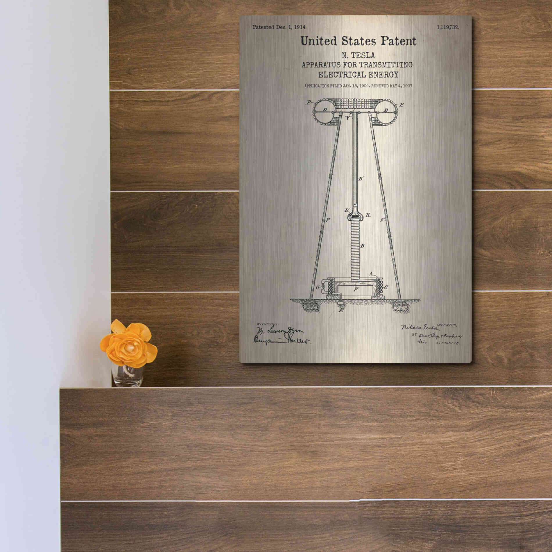Luxe Metal Art 'Tesla Apparatus for Transmitting Electrical Energy Blueprint Patent Parchment' Metal Wall Art,12x16