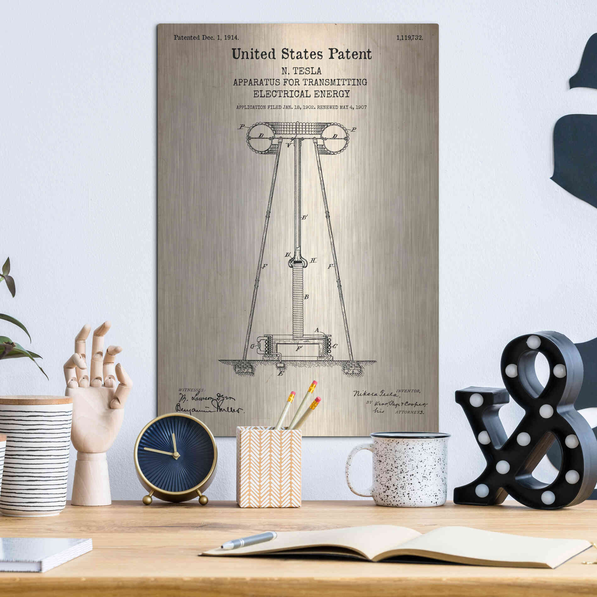 Luxe Metal Art 'Tesla Apparatus for Transmitting Electrical Energy Blueprint Patent Parchment' Metal Wall Art,12x16