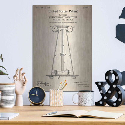 Luxe Metal Art 'Tesla Apparatus for Transmitting Electrical Energy Blueprint Patent Parchment' Metal Wall Art,12x16
