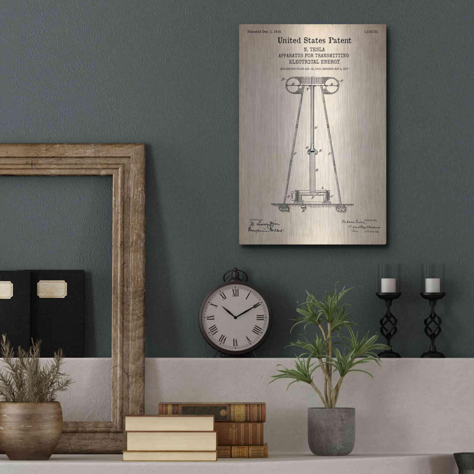 Luxe Metal Art 'Tesla Apparatus for Transmitting Electrical Energy Blueprint Patent Parchment' Metal Wall Art,12x16