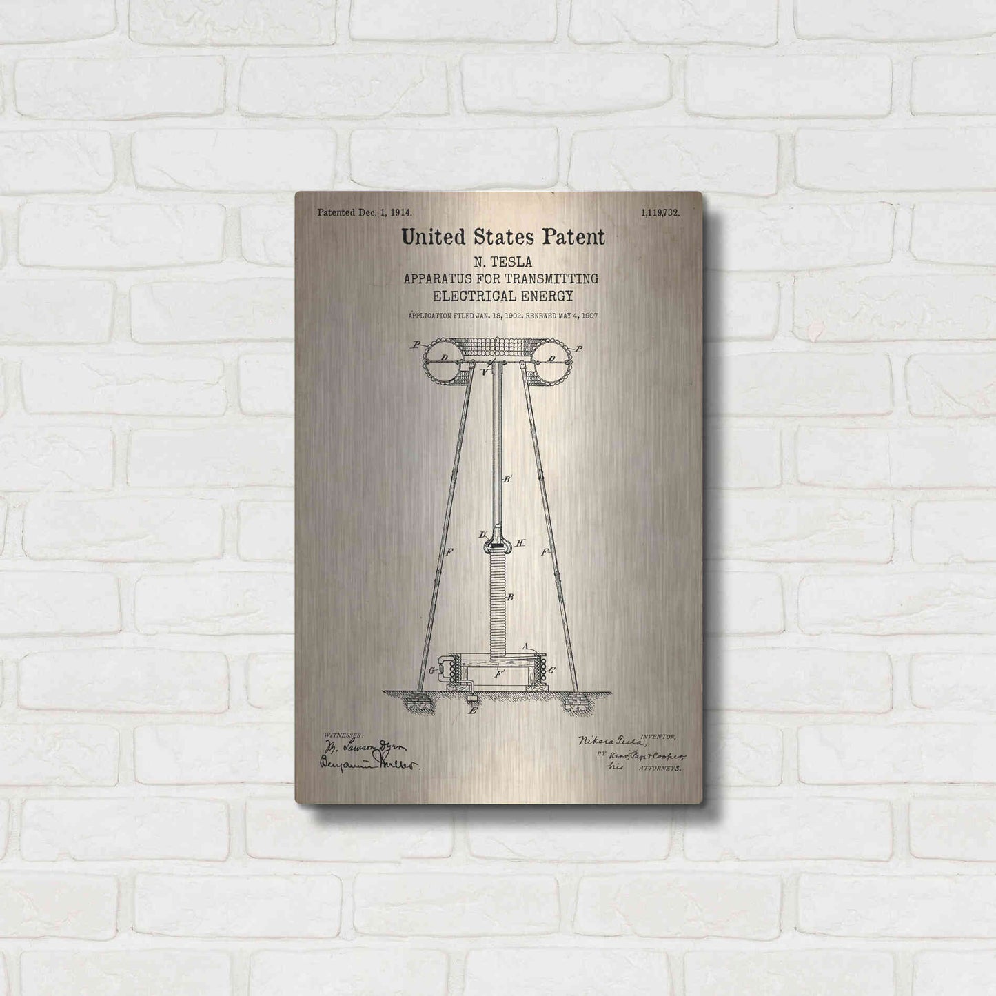 Luxe Metal Art 'Tesla Apparatus for Transmitting Electrical Energy Blueprint Patent Parchment' Metal Wall Art,16x24