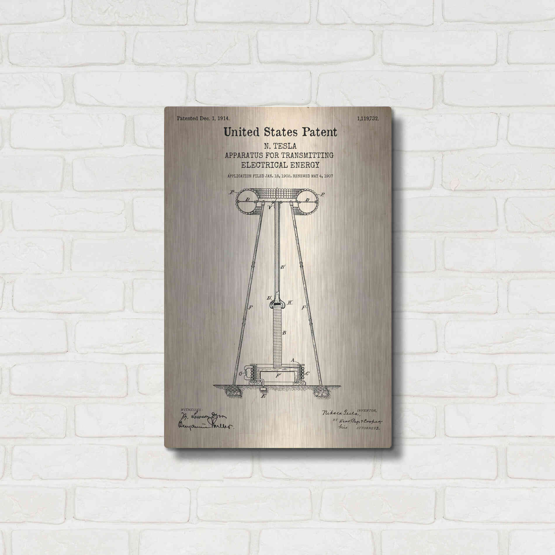 Luxe Metal Art 'Tesla Apparatus for Transmitting Electrical Energy Blueprint Patent Parchment' Metal Wall Art,16x24