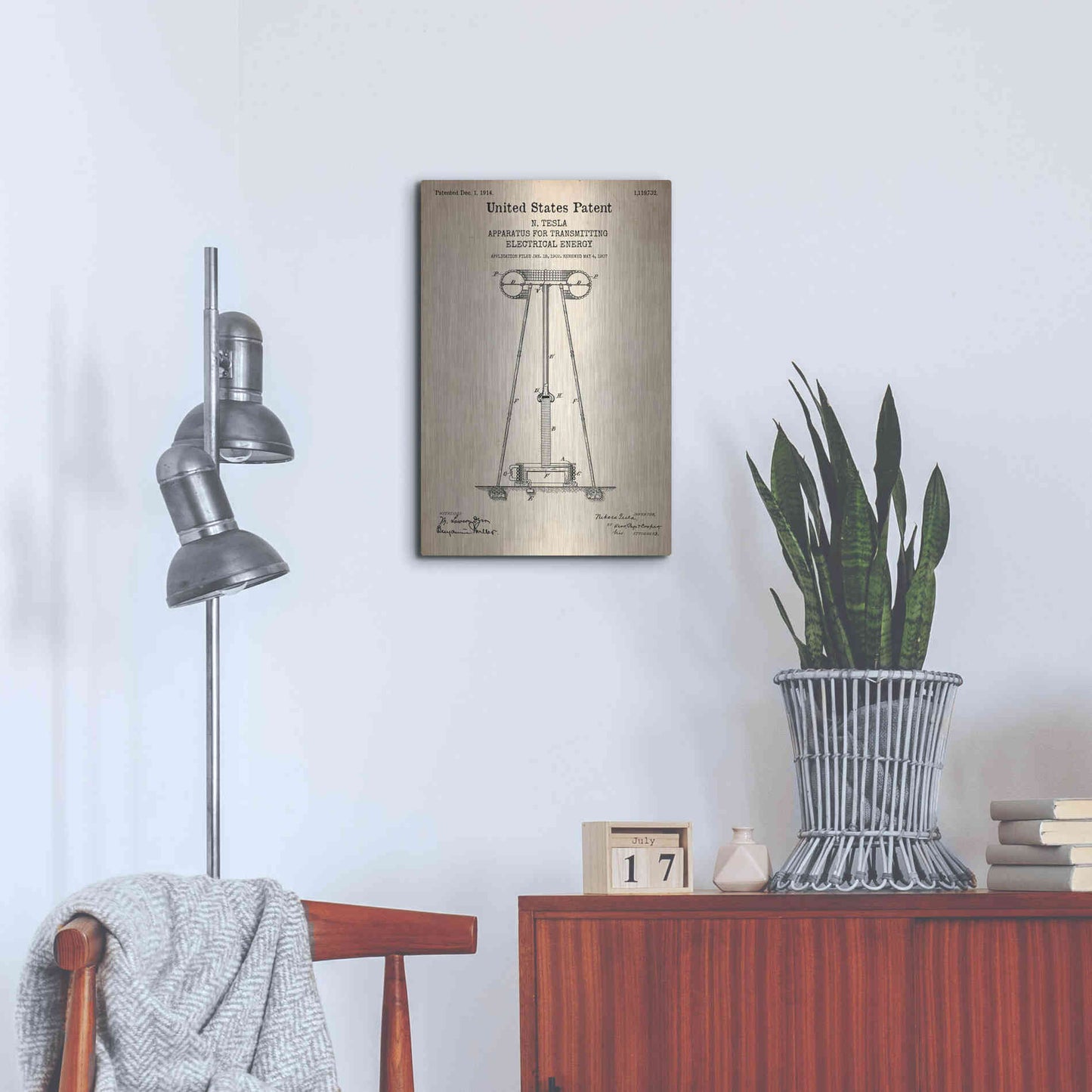 Luxe Metal Art 'Tesla Apparatus for Transmitting Electrical Energy Blueprint Patent Parchment' Metal Wall Art,16x24