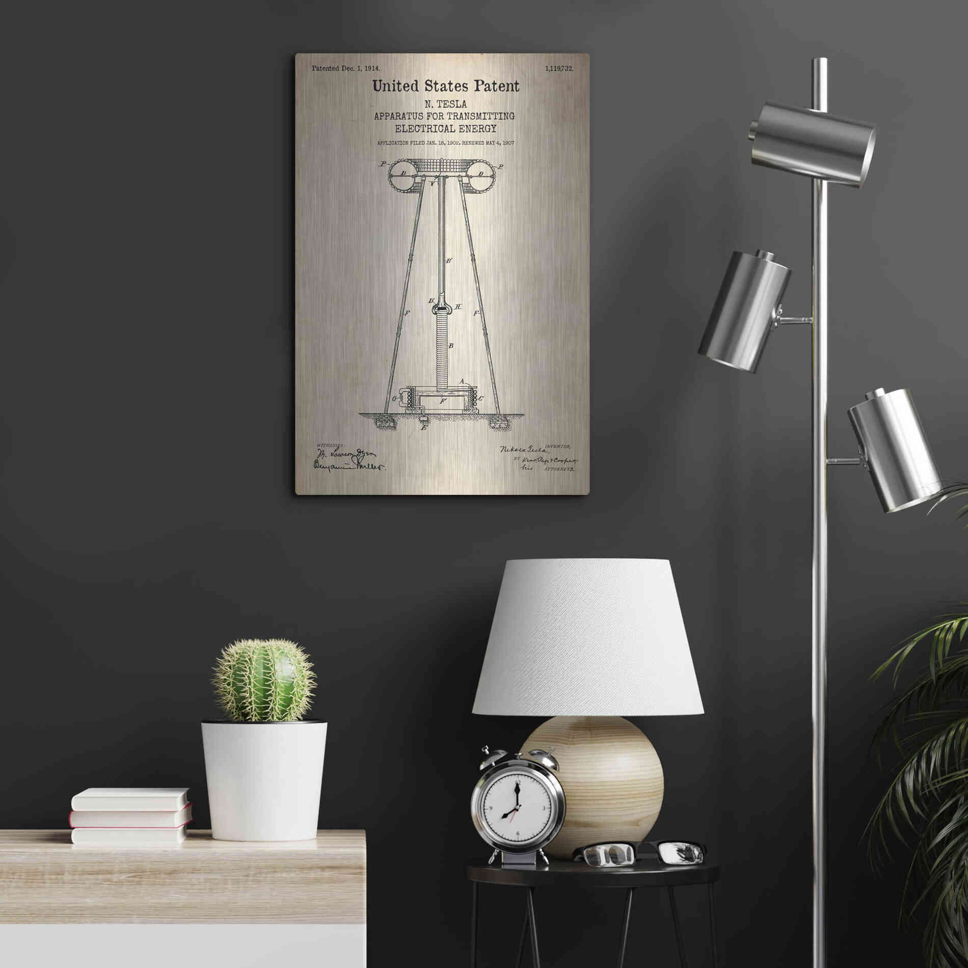 Luxe Metal Art 'Tesla Apparatus for Transmitting Electrical Energy Blueprint Patent Parchment' Metal Wall Art,16x24