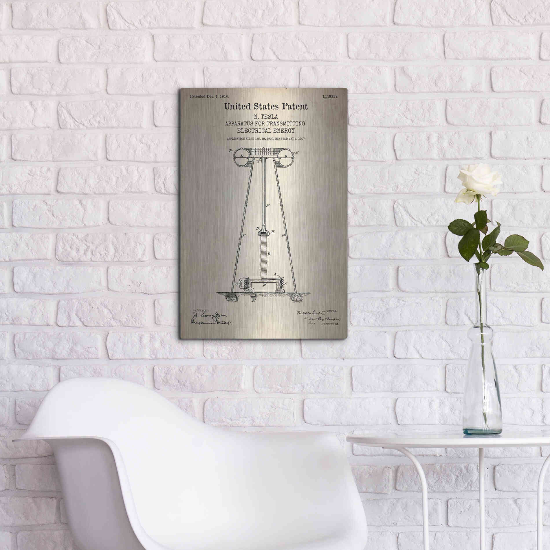 Luxe Metal Art 'Tesla Apparatus for Transmitting Electrical Energy Blueprint Patent Parchment' Metal Wall Art,16x24