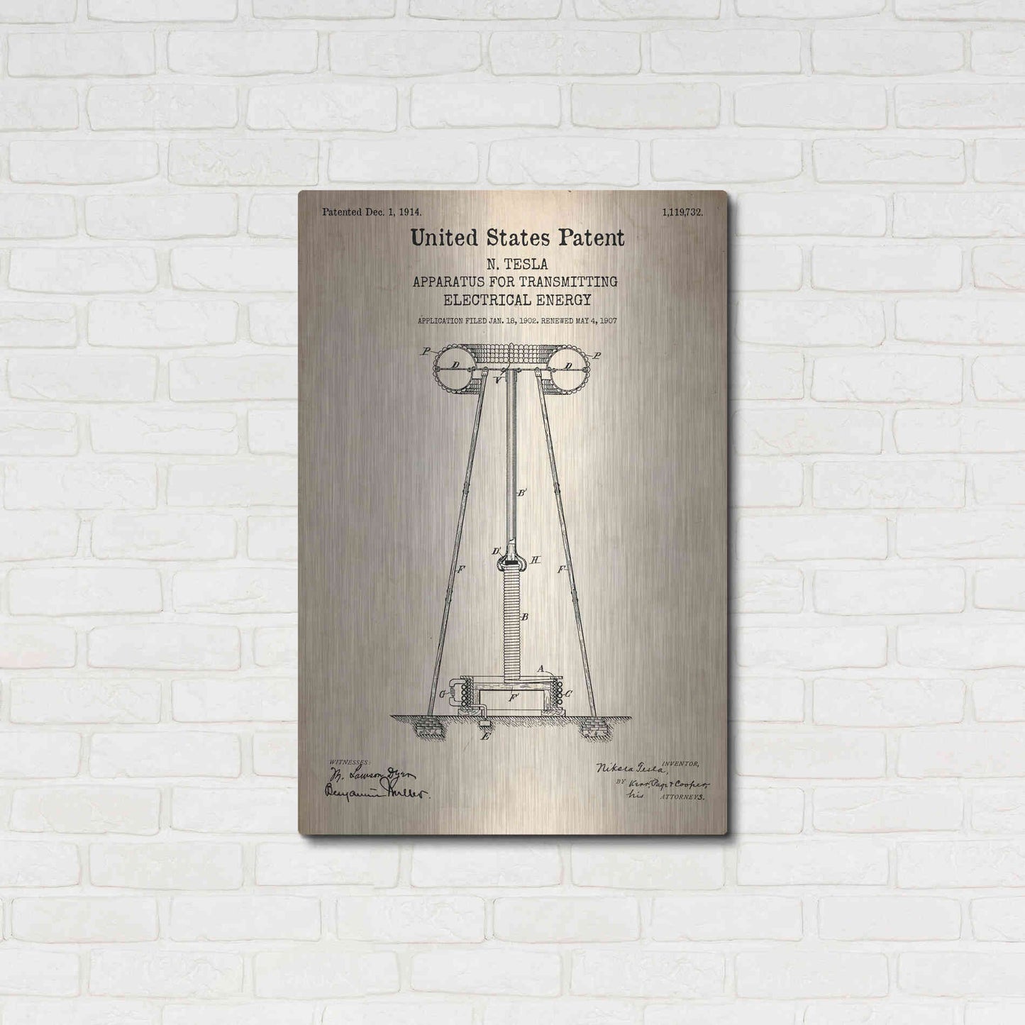 Luxe Metal Art 'Tesla Apparatus for Transmitting Electrical Energy Blueprint Patent Parchment' Metal Wall Art,24x36