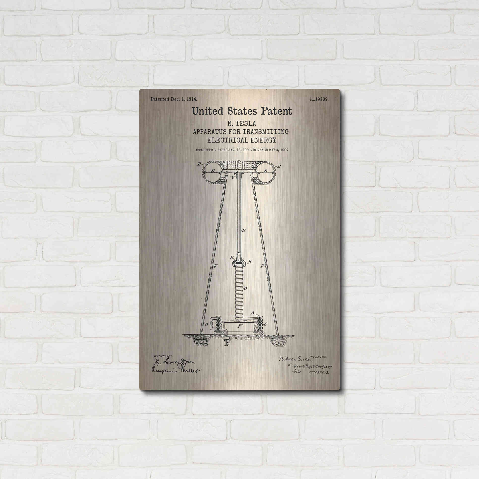 Luxe Metal Art 'Tesla Apparatus for Transmitting Electrical Energy Blueprint Patent Parchment' Metal Wall Art,24x36