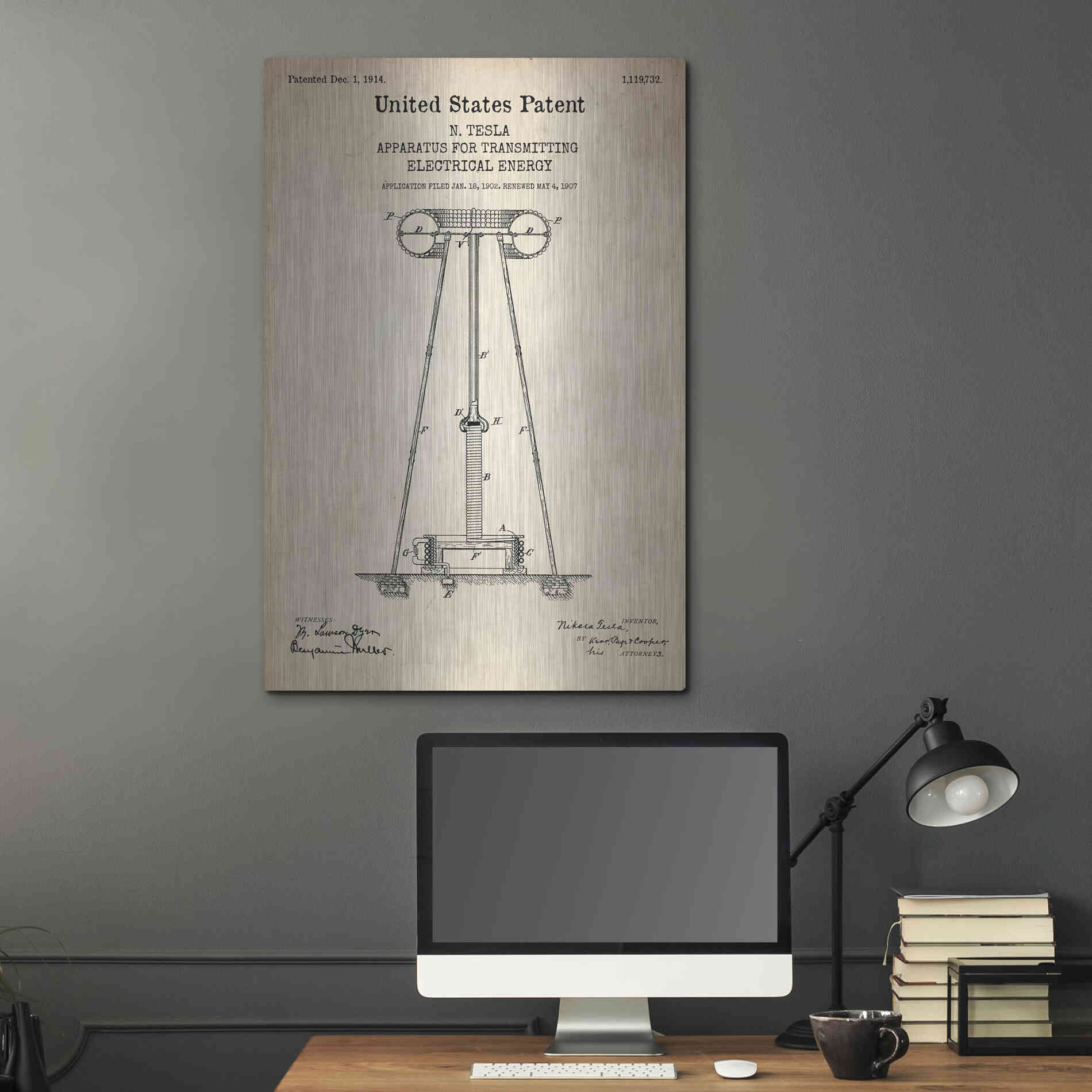 Luxe Metal Art 'Tesla Apparatus for Transmitting Electrical Energy Blueprint Patent Parchment' Metal Wall Art,24x36