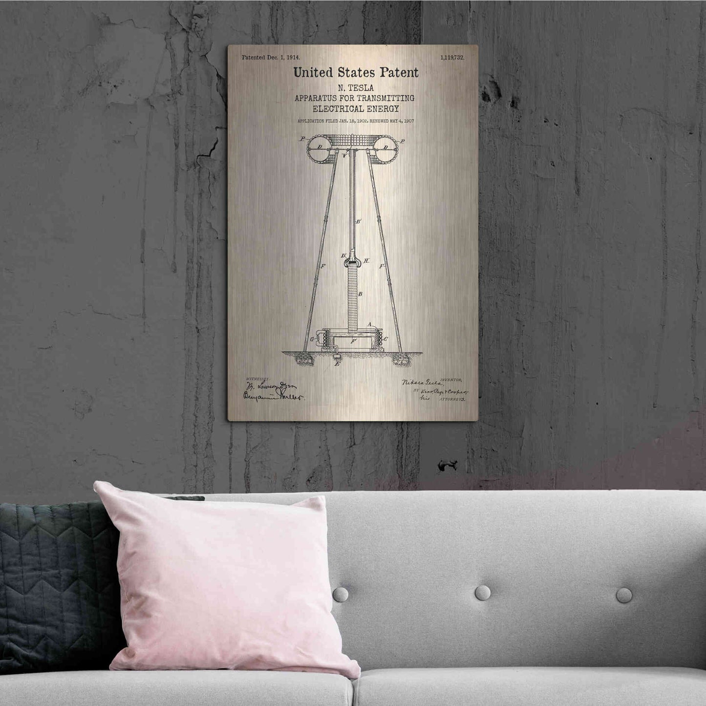 Luxe Metal Art 'Tesla Apparatus for Transmitting Electrical Energy Blueprint Patent Parchment' Metal Wall Art,24x36