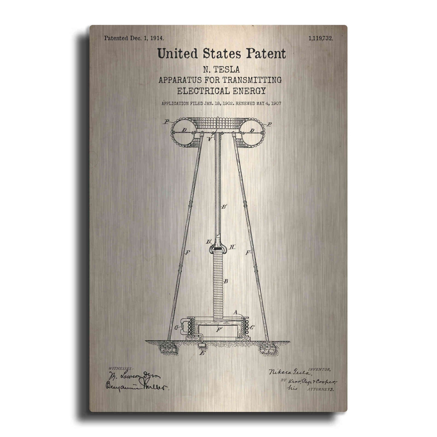 Luxe Metal Art 'Tesla Apparatus for Transmitting Electrical Energy Blueprint Patent Parchment' Metal Wall Art