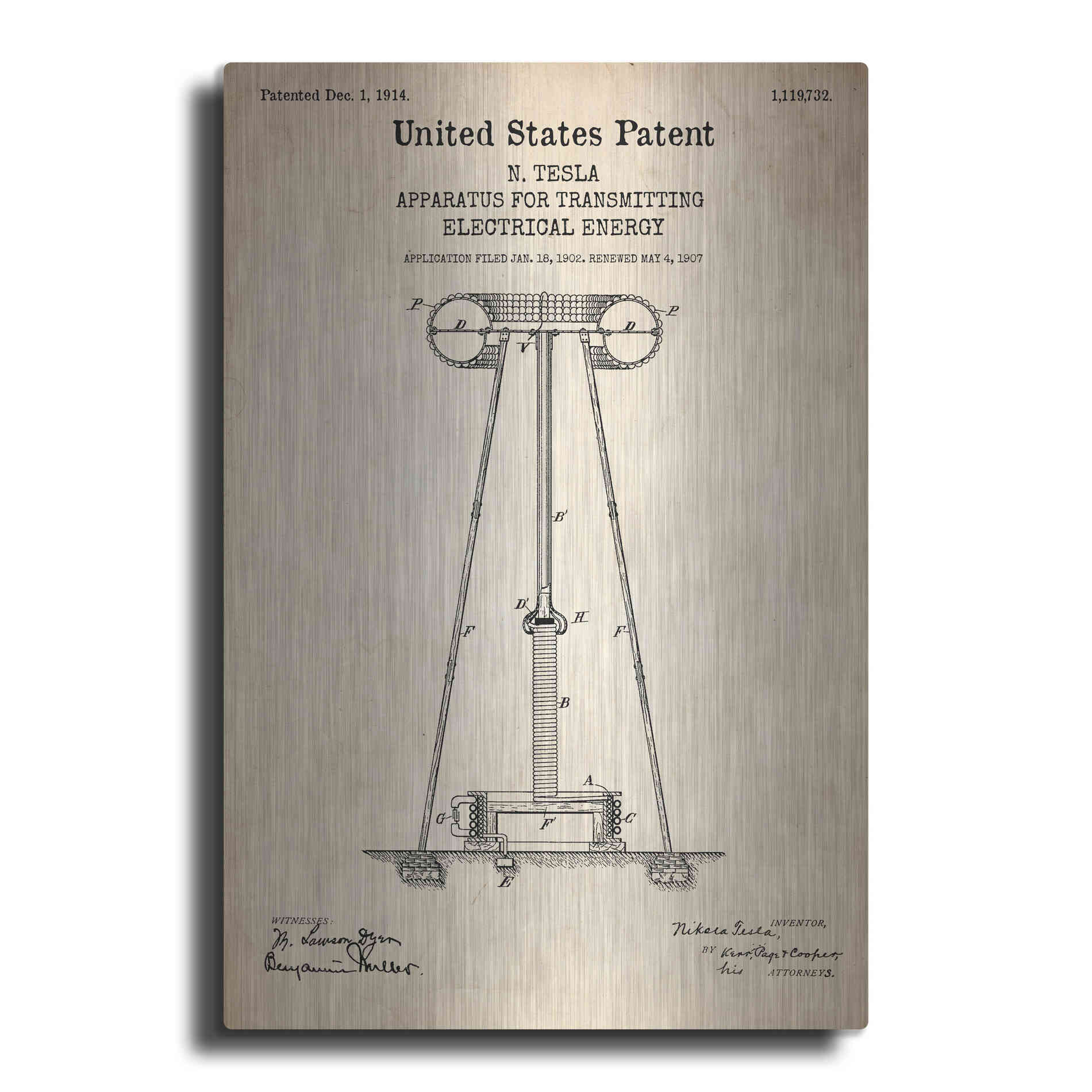 Luxe Metal Art 'Tesla Apparatus for Transmitting Electrical Energy Blueprint Patent Parchment' Metal Wall Art