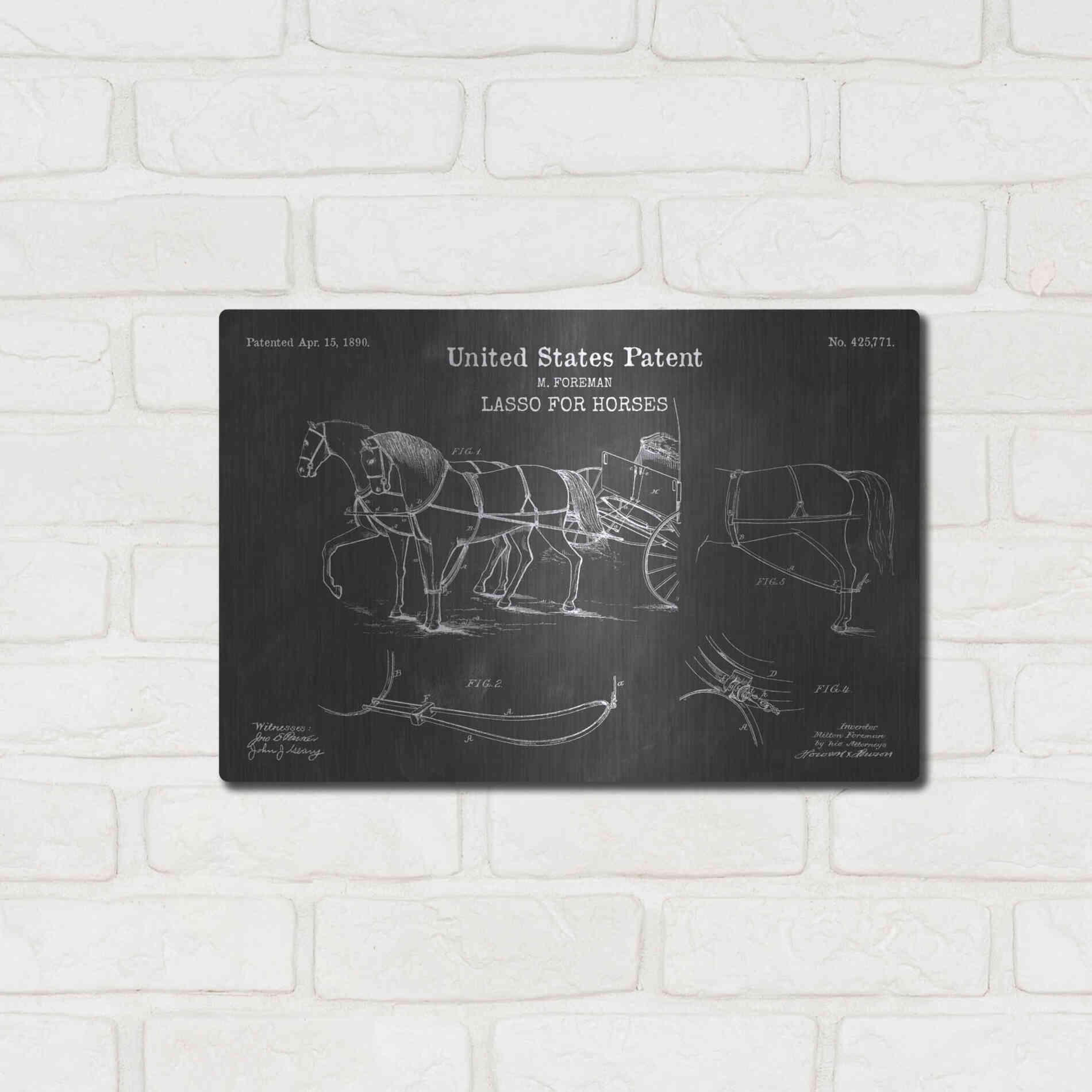 Luxe Metal Art 'Lasso for Horses Blueprint Patent Chalkboard' Metal Wall Art,16x12