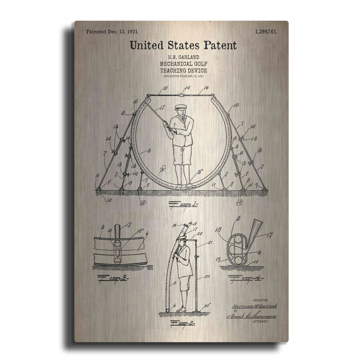 Luxe Metal Art 'Golf Teaching Device Blueprint Patent Parchment' Metal Wall Art