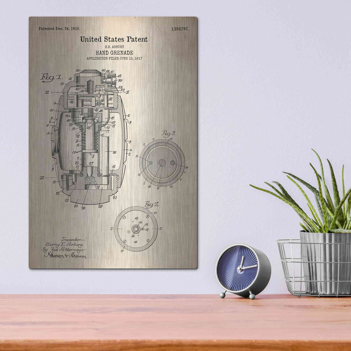 Luxe Metal Art 'Hand Grenade Blueprint Patent Parchment' Metal Wall Art,12x16