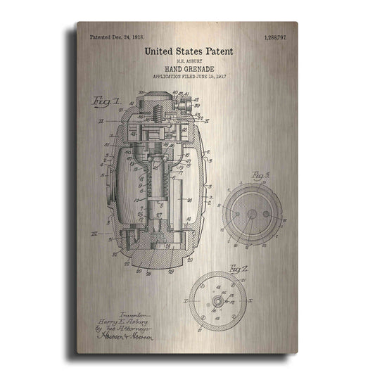 Luxe Metal Art 'Hand Grenade Blueprint Patent Parchment' Metal Wall Art