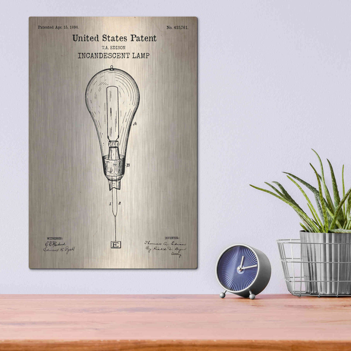 Luxe Metal Art 'Incandescent Lamp Blueprint Patent Parchment' Metal Wall Art,12x16