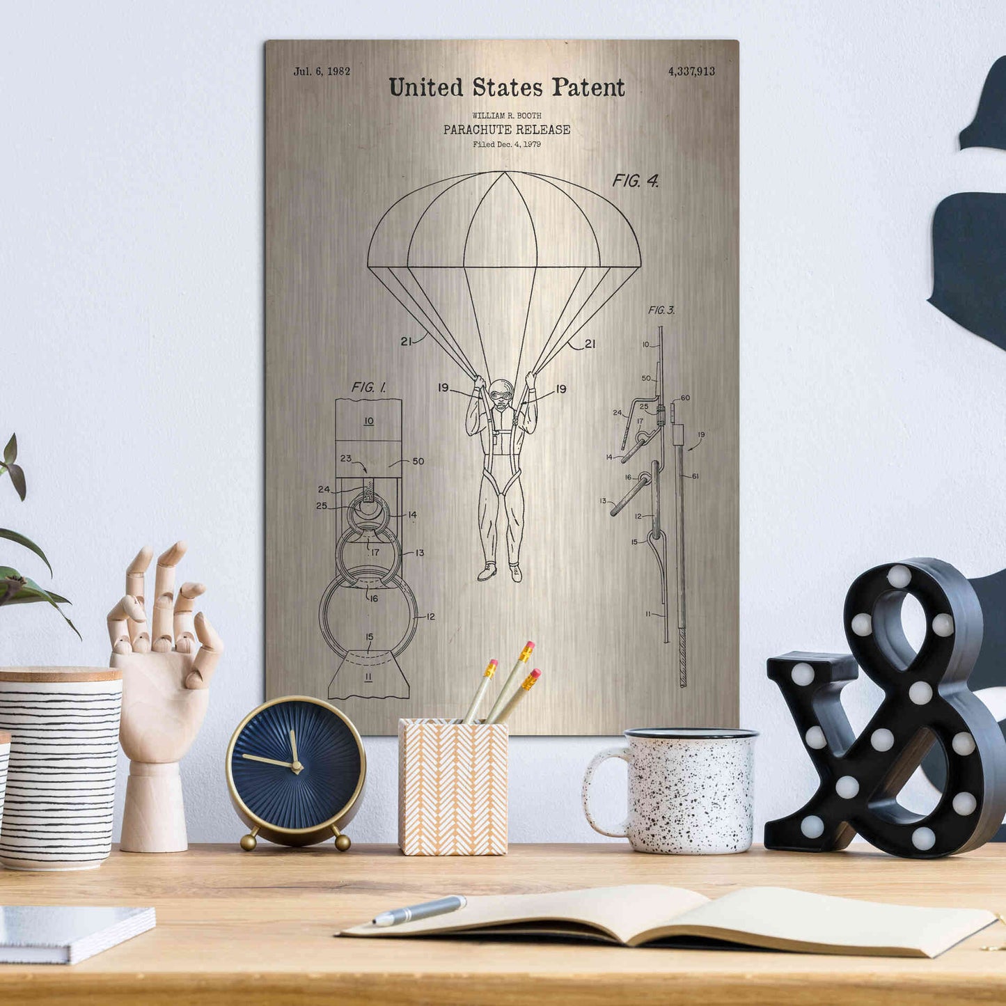 Luxe Metal Art 'Parachute Release Blueprint Patent Parchment' Metal Wall Art,12x16