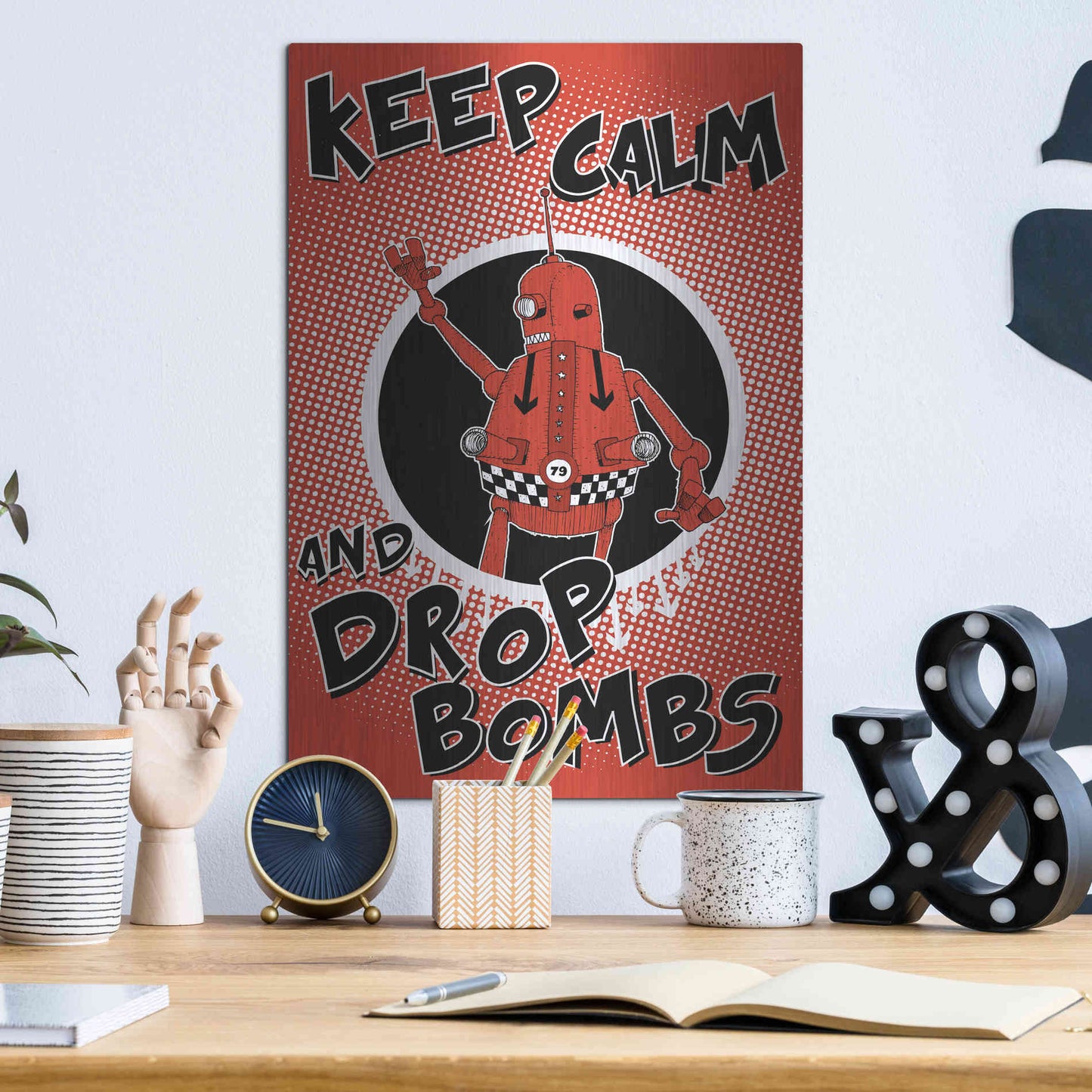 Luxe Metal Art 'Keep Calm and Drop Bombs' by Craig Snodgrass, Metal Wall Art,12x16