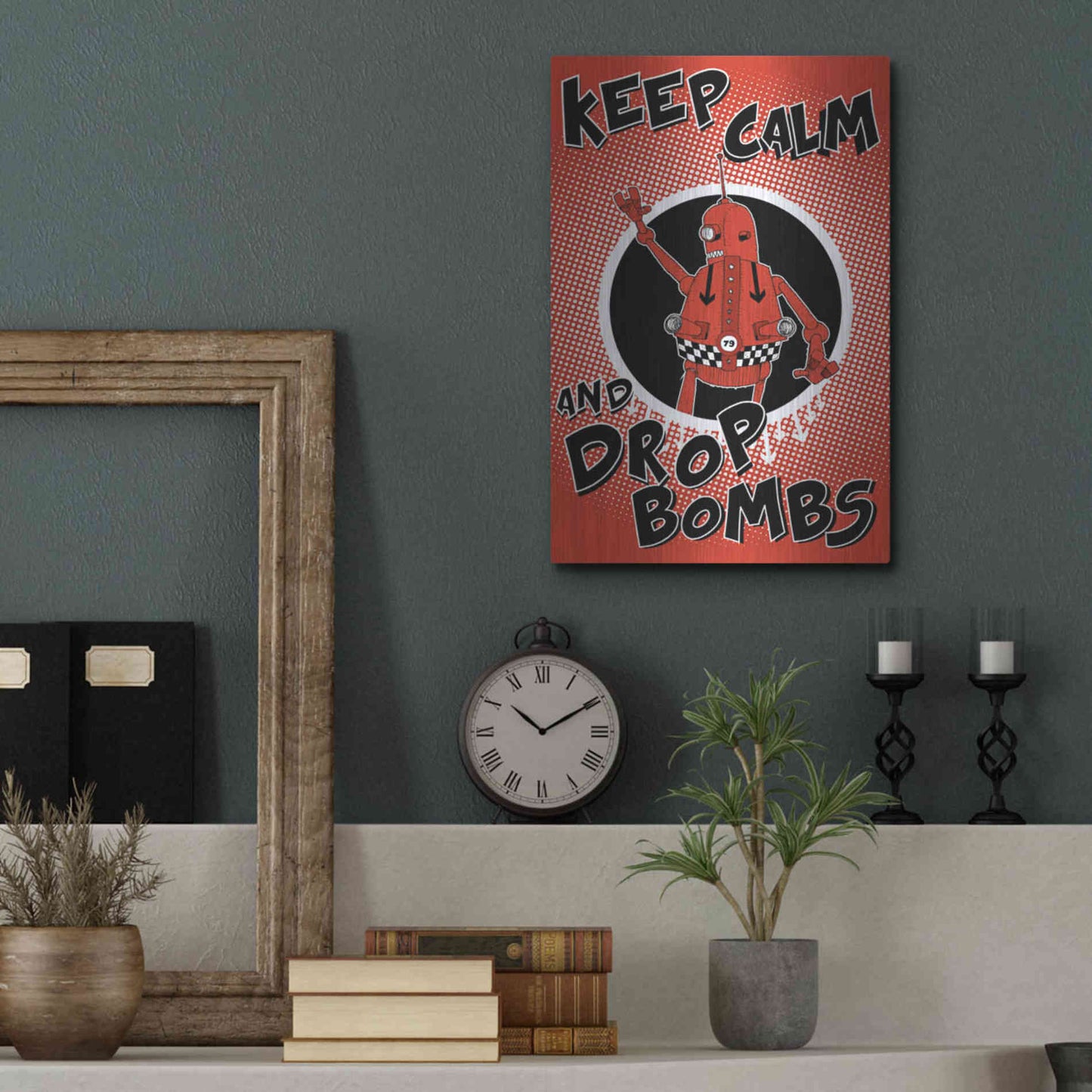 Luxe Metal Art 'Keep Calm and Drop Bombs' by Craig Snodgrass, Metal Wall Art,12x16