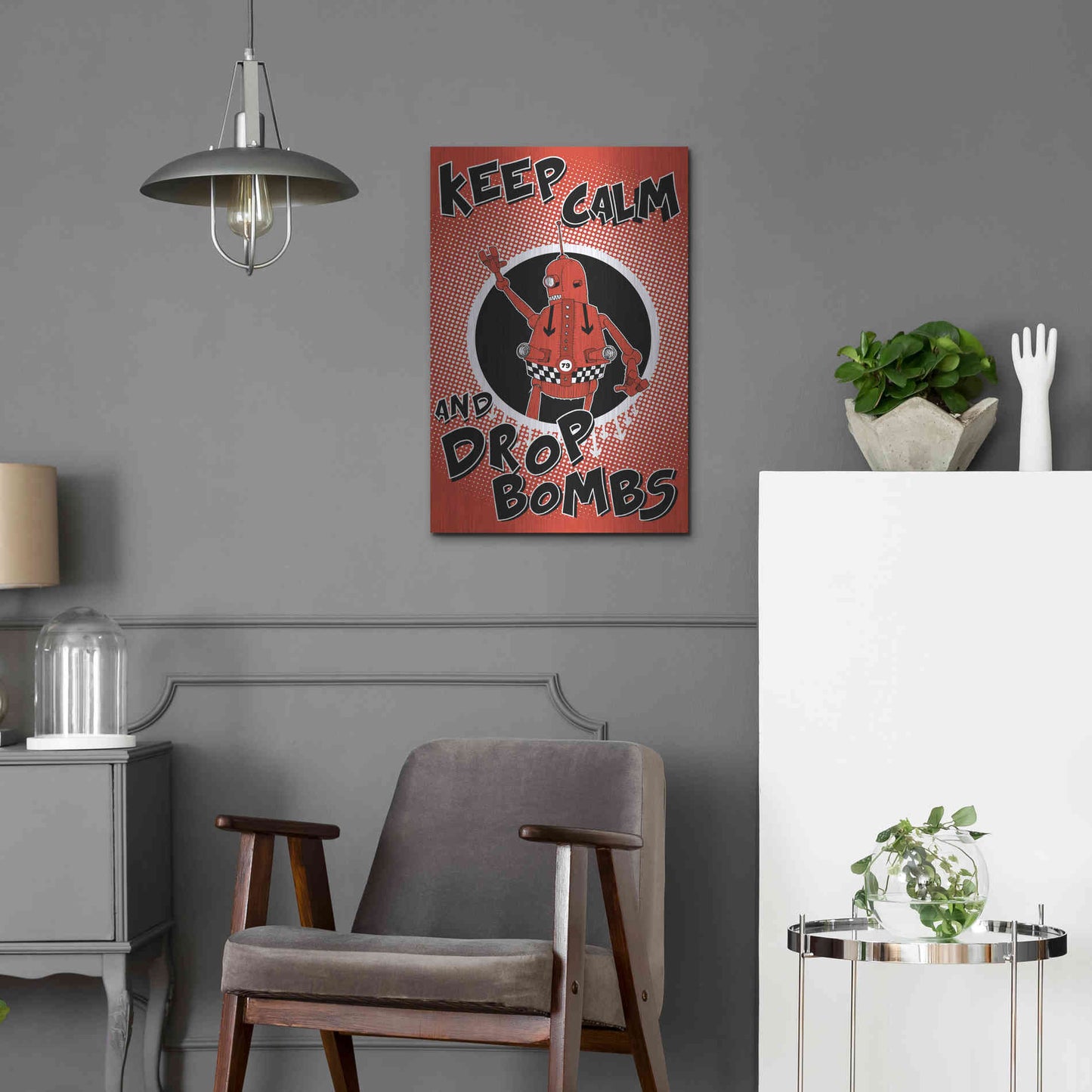 Luxe Metal Art 'Keep Calm and Drop Bombs' by Craig Snodgrass, Metal Wall Art,16x24