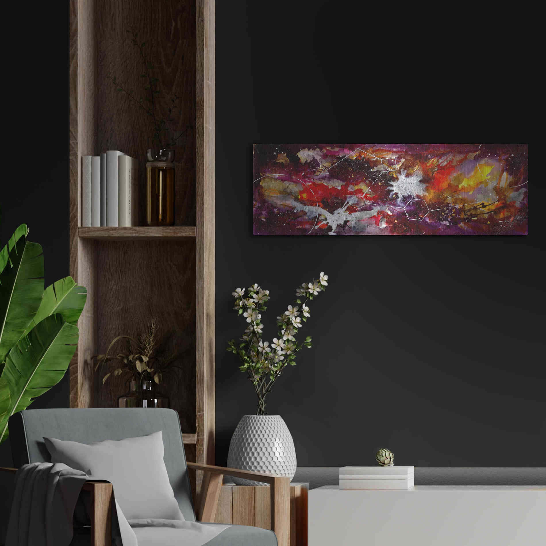 Luxe Metal Art 'Watercolor Nebula Burgundy' by Craig Snodgrass, Metal Wall Art,36x12