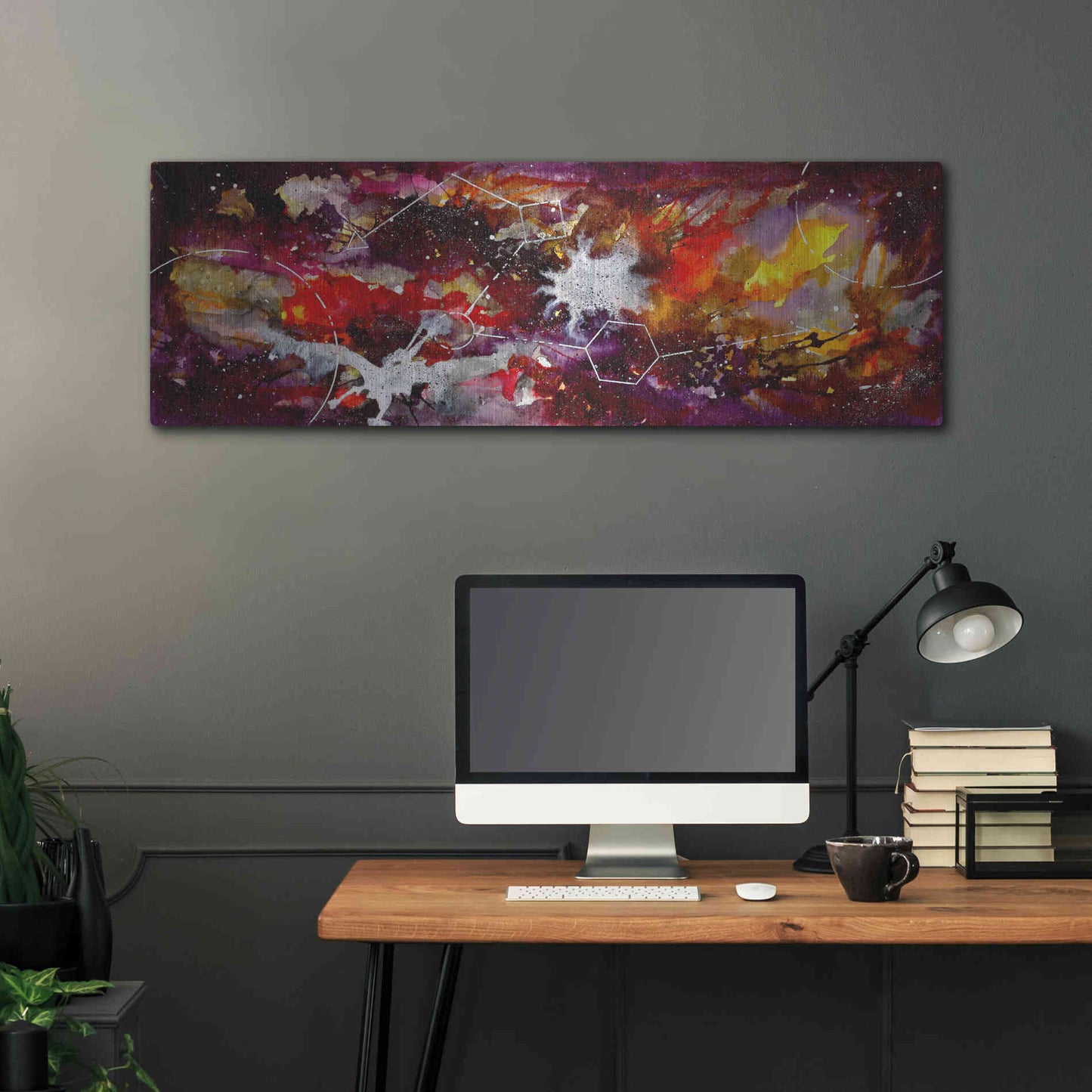 Luxe Metal Art 'Watercolor Nebula Burgundy' by Craig Snodgrass, Metal Wall Art,48x16