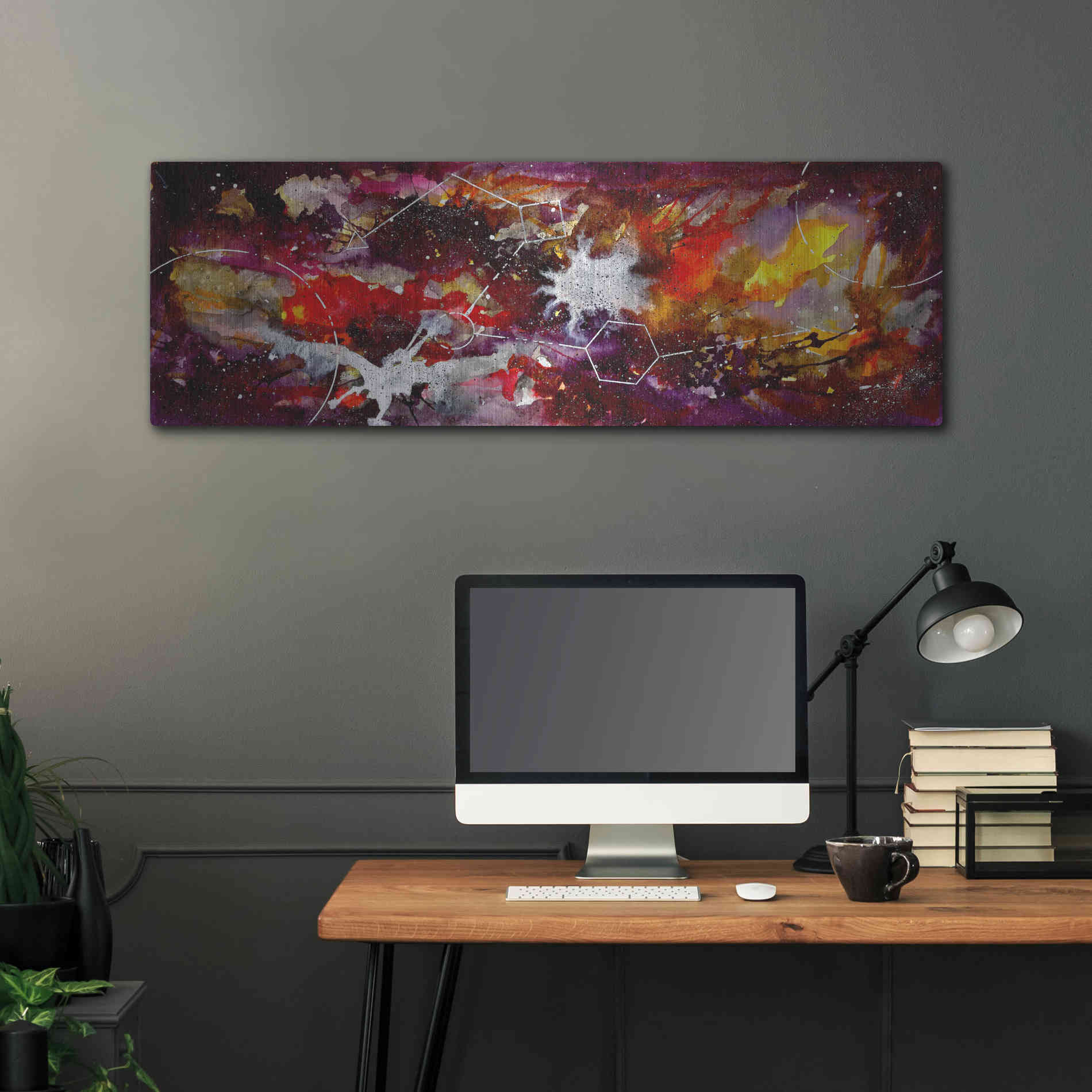 Luxe Metal Art 'Watercolor Nebula Burgundy' by Craig Snodgrass, Metal Wall Art,48x16