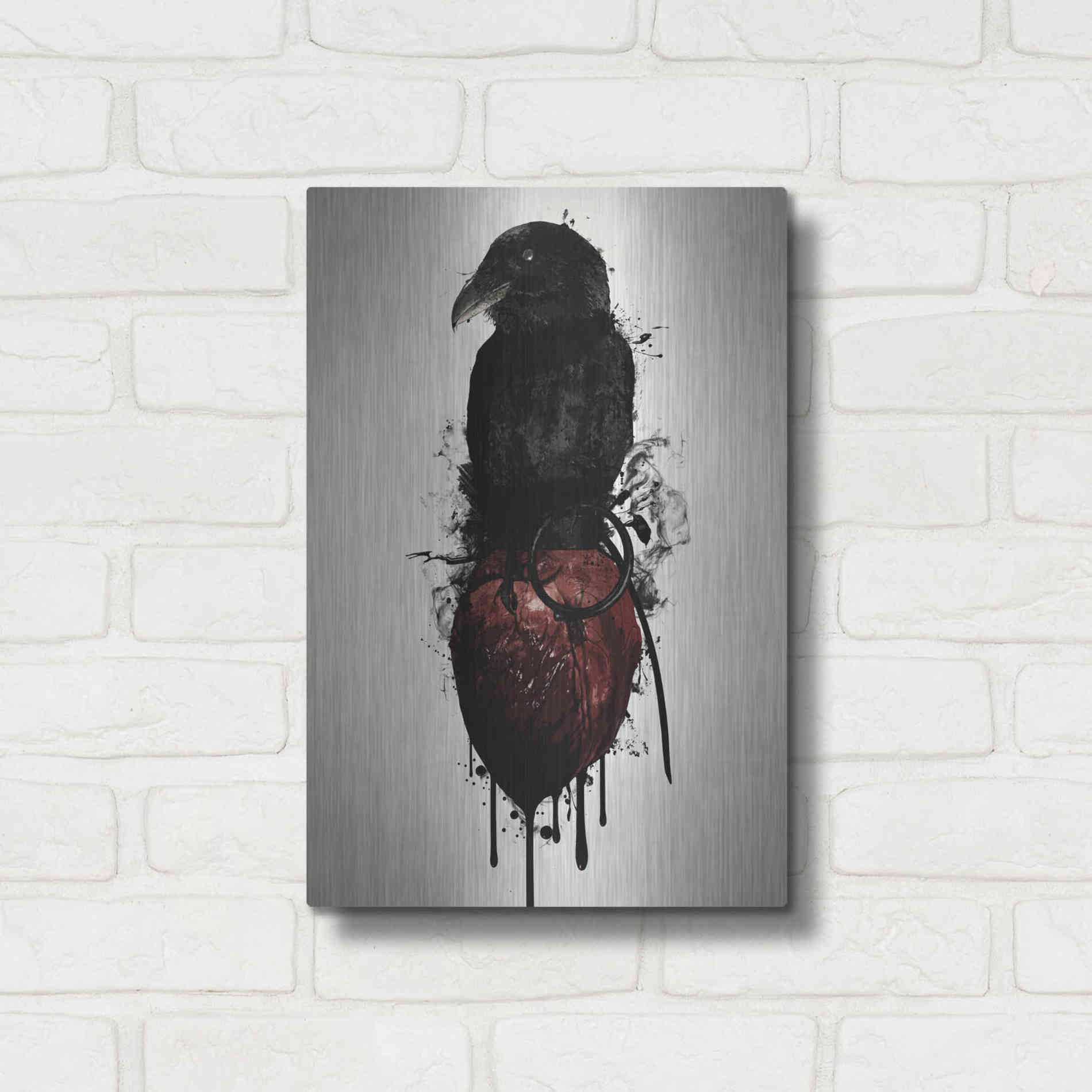 Luxe Metal Art 'Raven and Heart Grenade' by Nicklas Gustafsson, Metal Wall Art,12x16