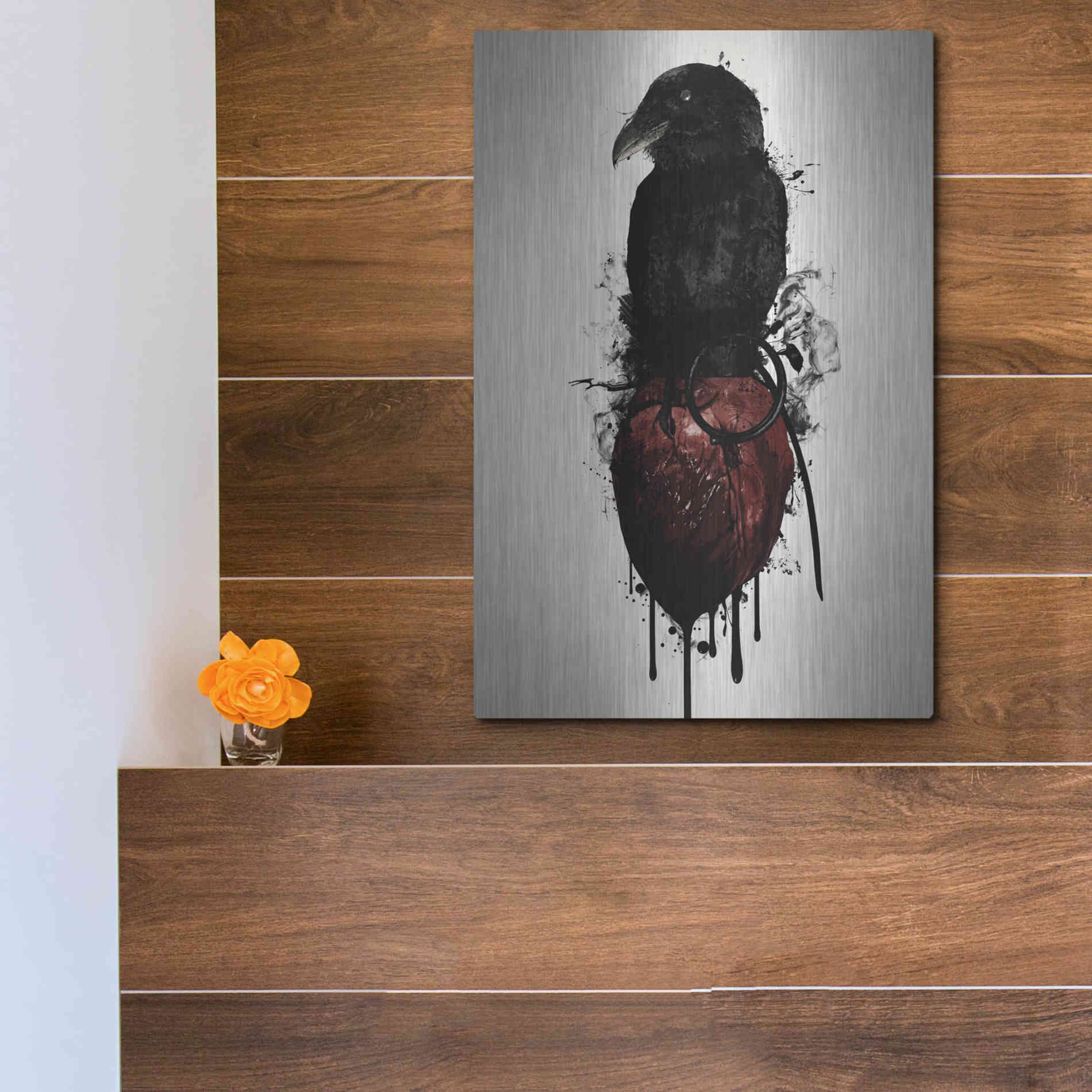 Luxe Metal Art 'Raven and Heart Grenade' by Nicklas Gustafsson, Metal Wall Art,12x16