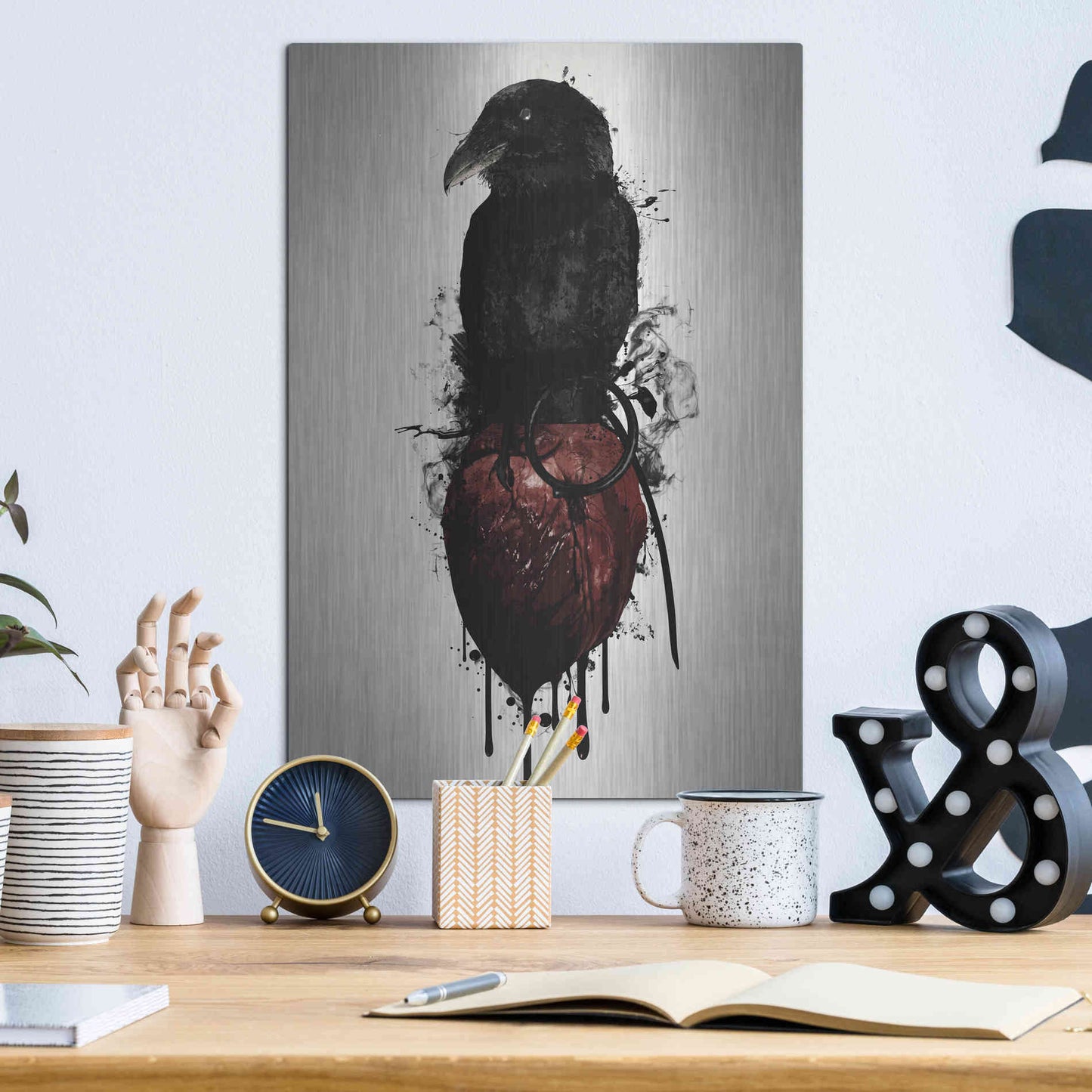 Luxe Metal Art 'Raven and Heart Grenade' by Nicklas Gustafsson, Metal Wall Art,12x16