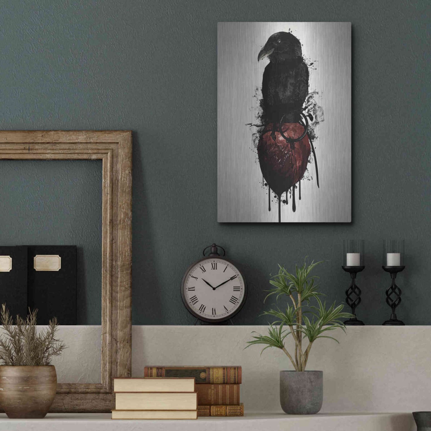 Luxe Metal Art 'Raven and Heart Grenade' by Nicklas Gustafsson, Metal Wall Art,12x16