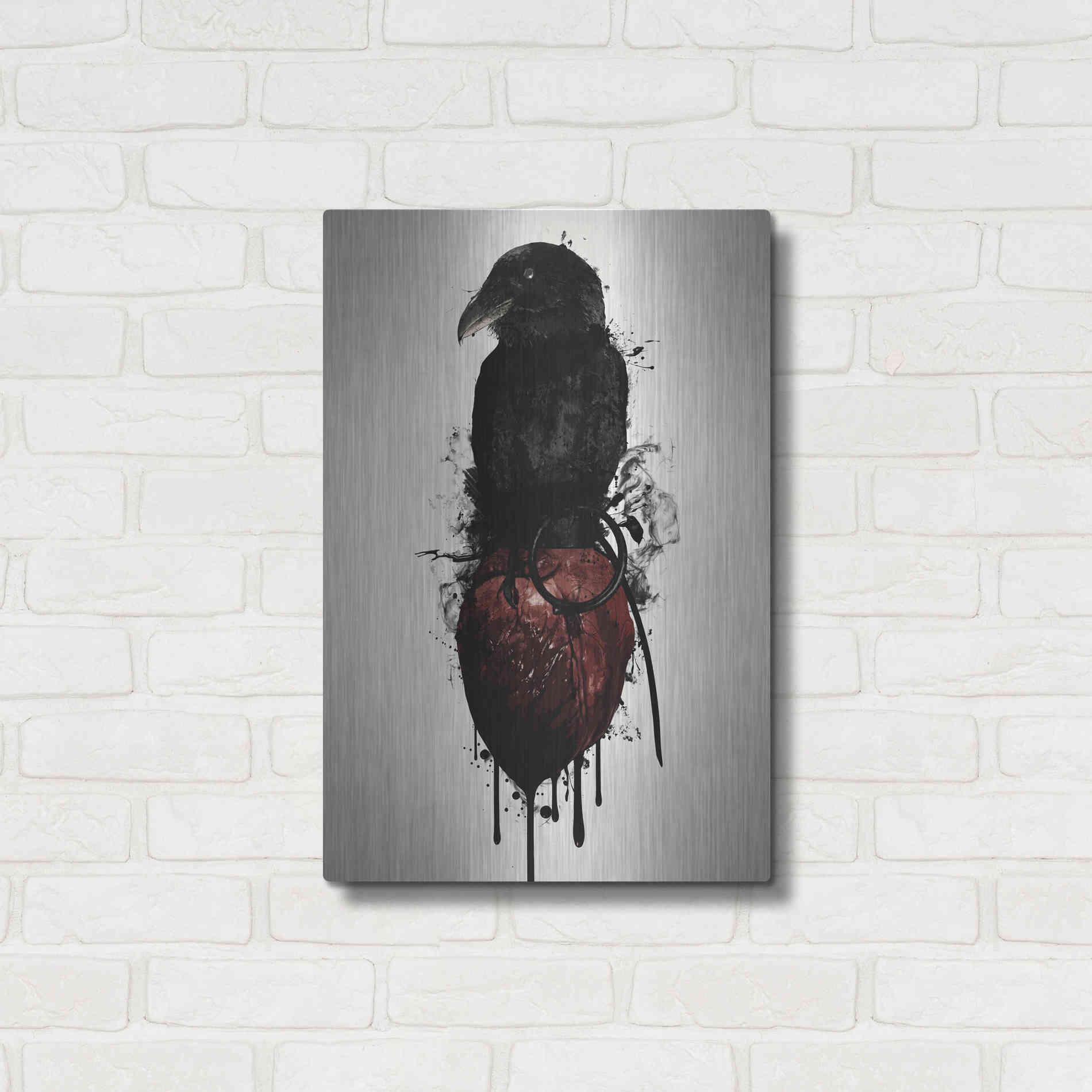 Luxe Metal Art 'Raven and Heart Grenade' by Nicklas Gustafsson, Metal Wall Art,16x24