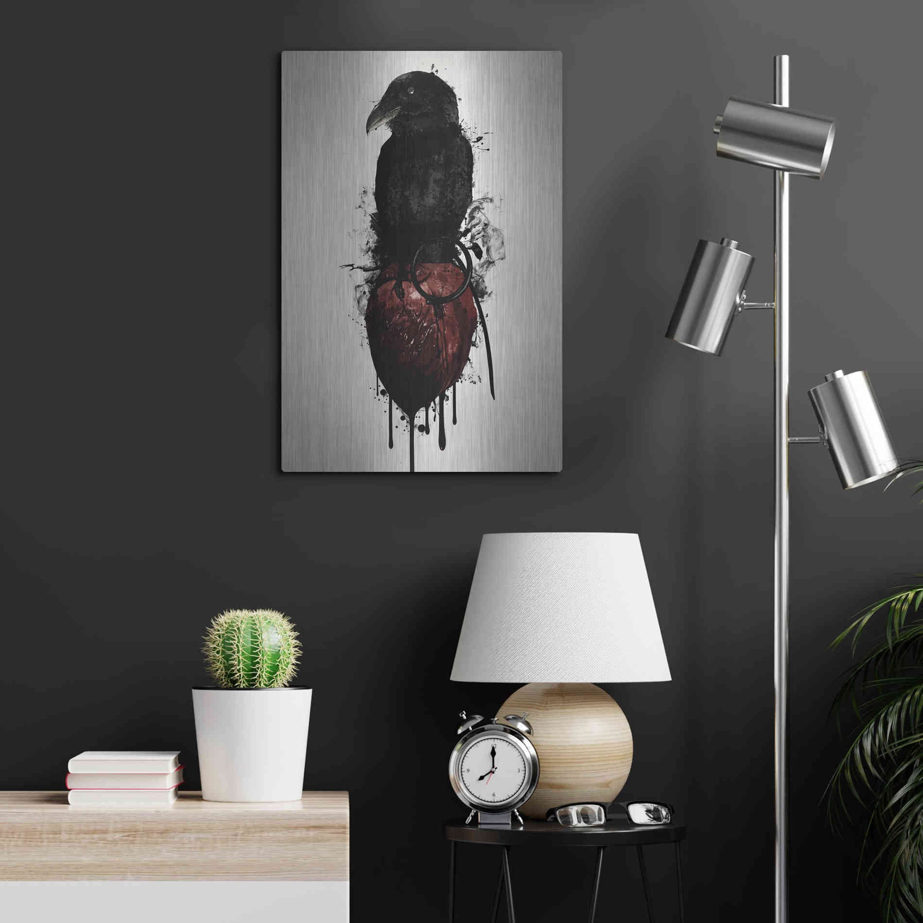 Luxe Metal Art 'Raven and Heart Grenade' by Nicklas Gustafsson, Metal Wall Art,16x24