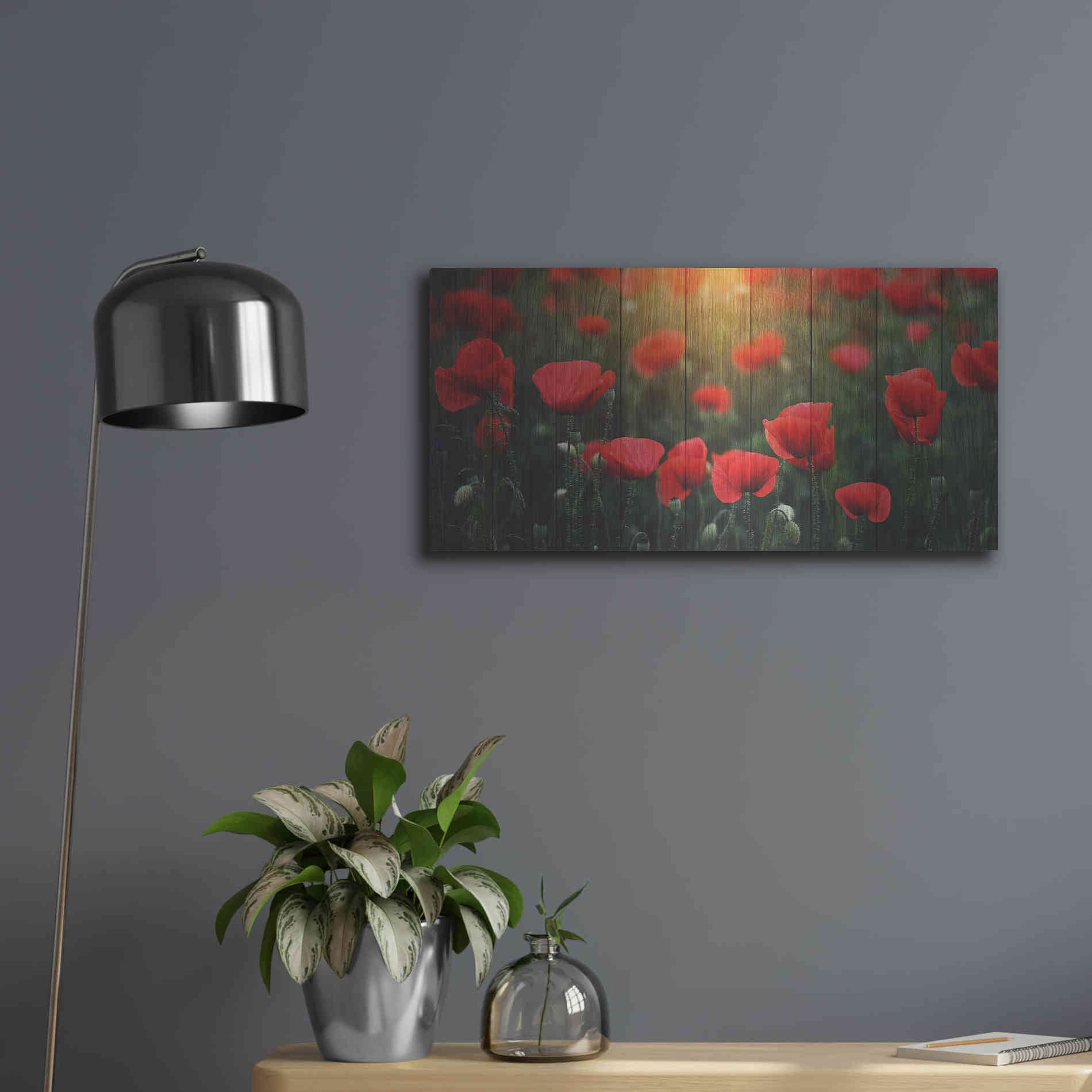 Luxe Metal Art 'Wood Series: Field of Poppies', Metal Wall Art,24x12