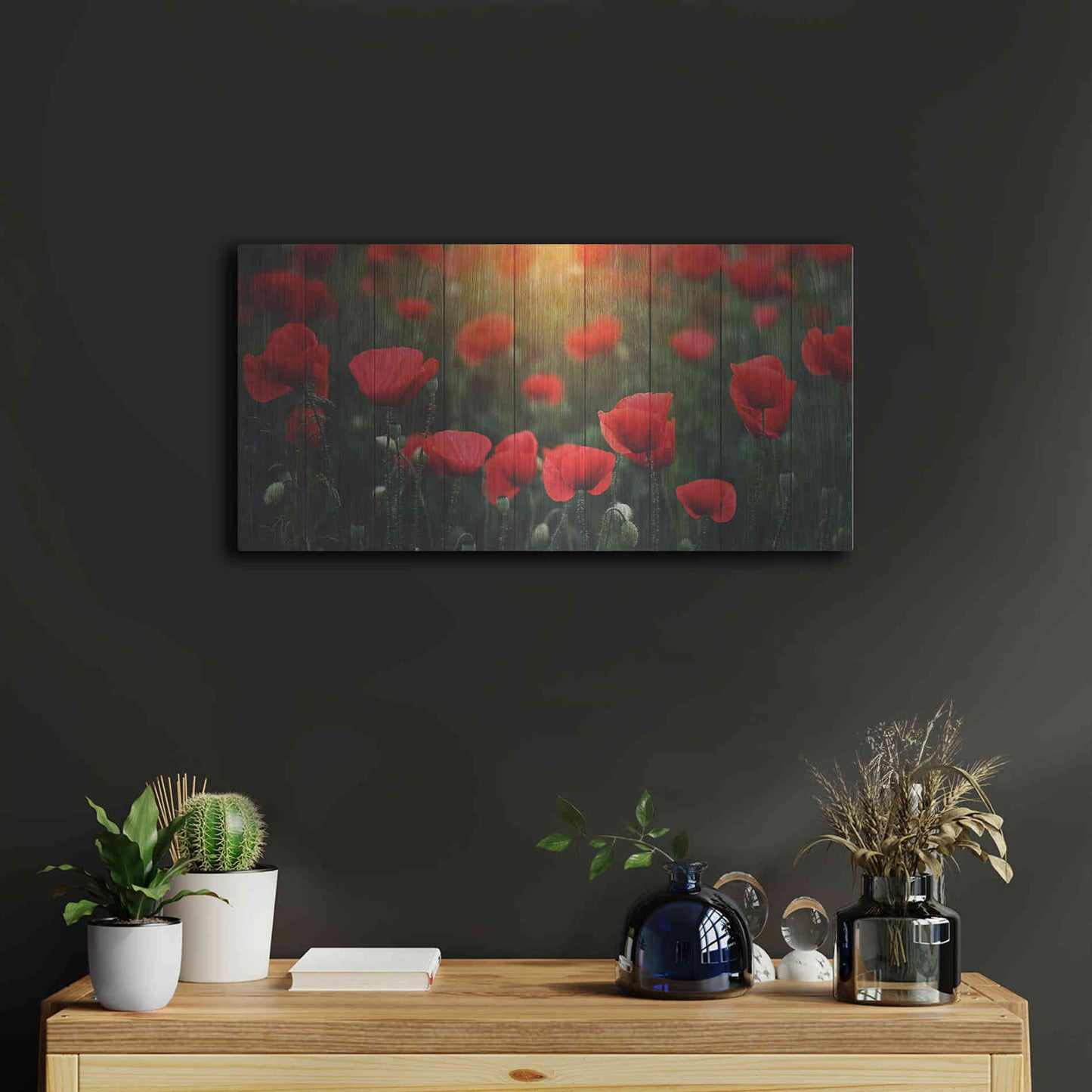 Luxe Metal Art 'Wood Series: Field of Poppies', Metal Wall Art,24x12