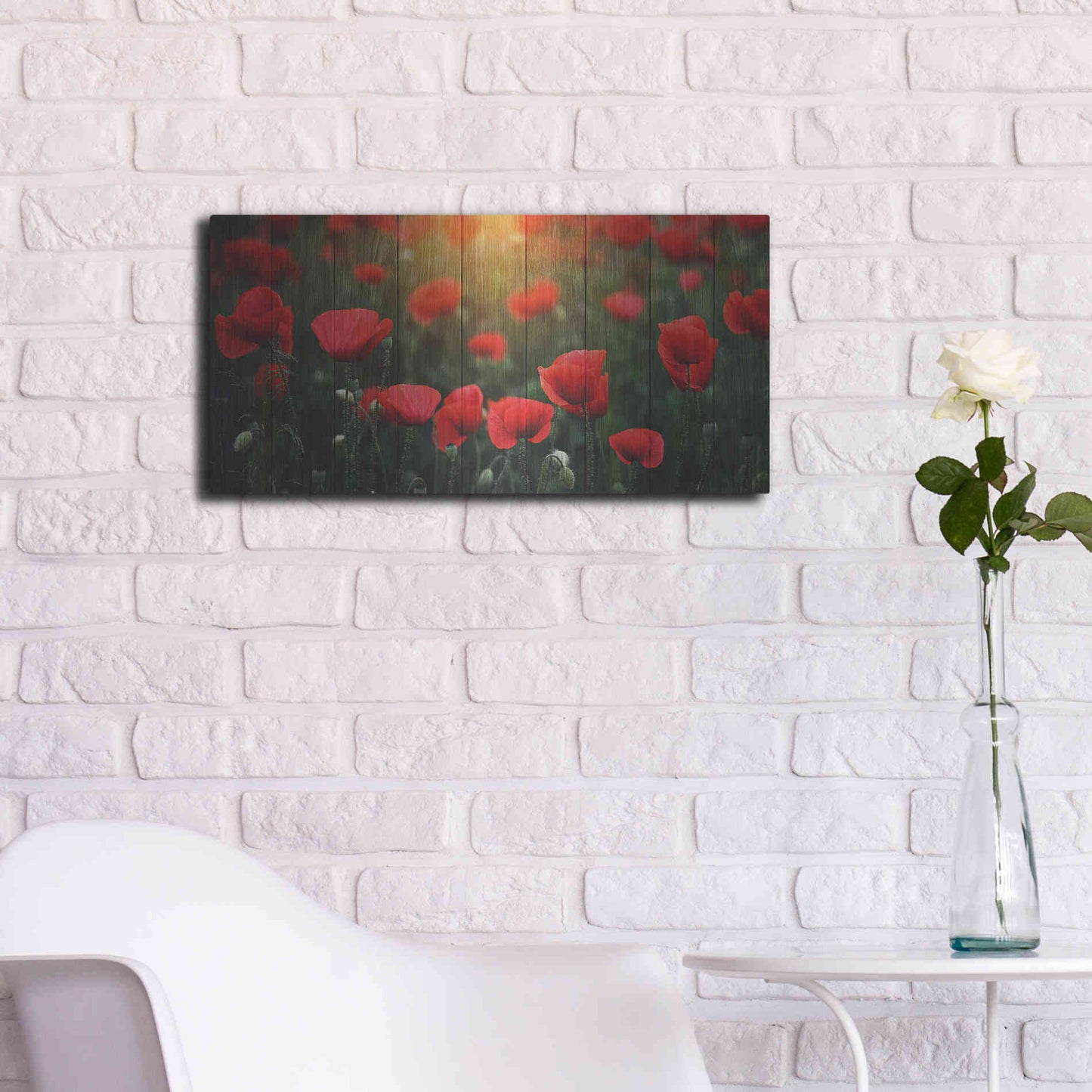 Luxe Metal Art 'Wood Series: Field of Poppies', Metal Wall Art,24x12