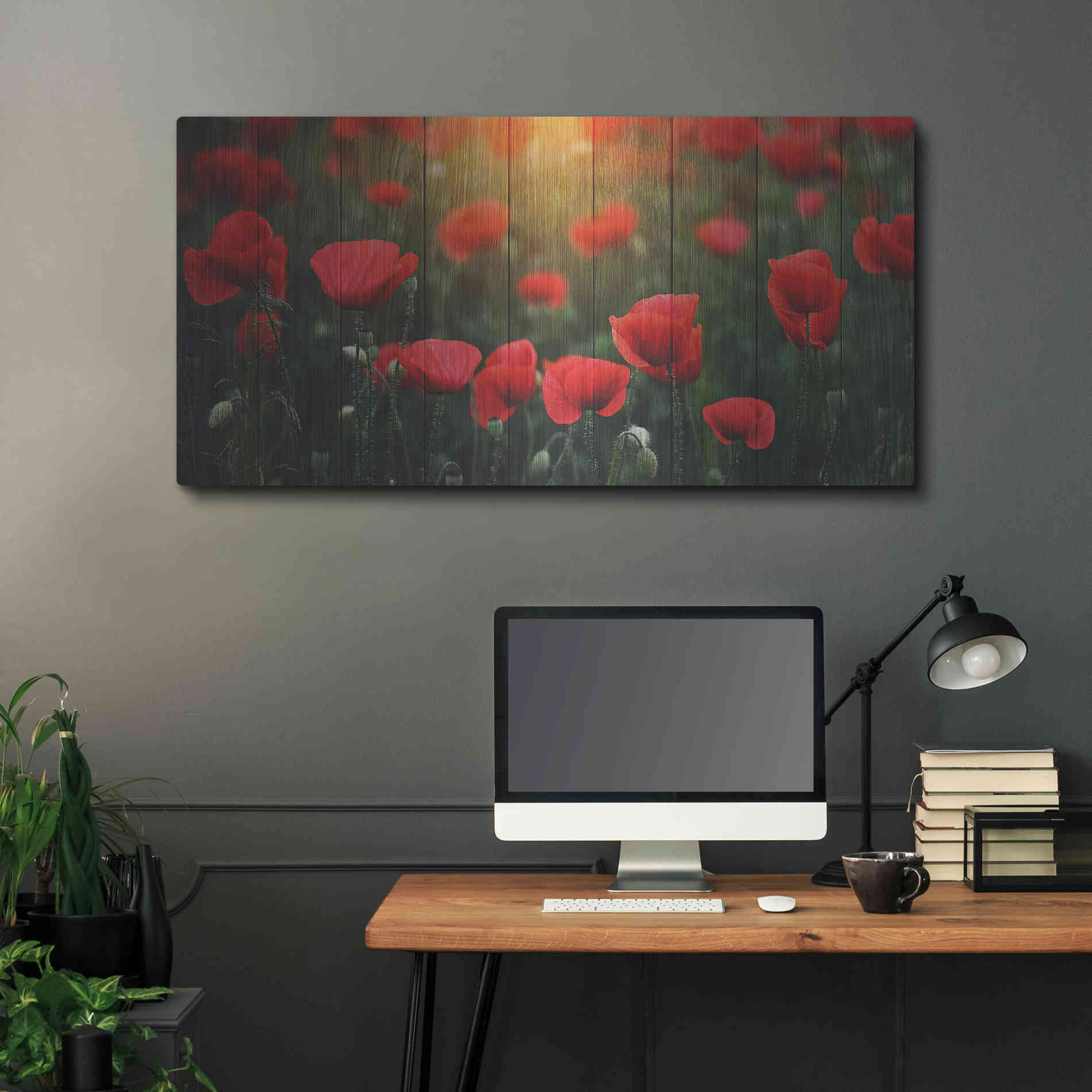 Luxe Metal Art 'Wood Series: Field of Poppies', Metal Wall Art,48x24