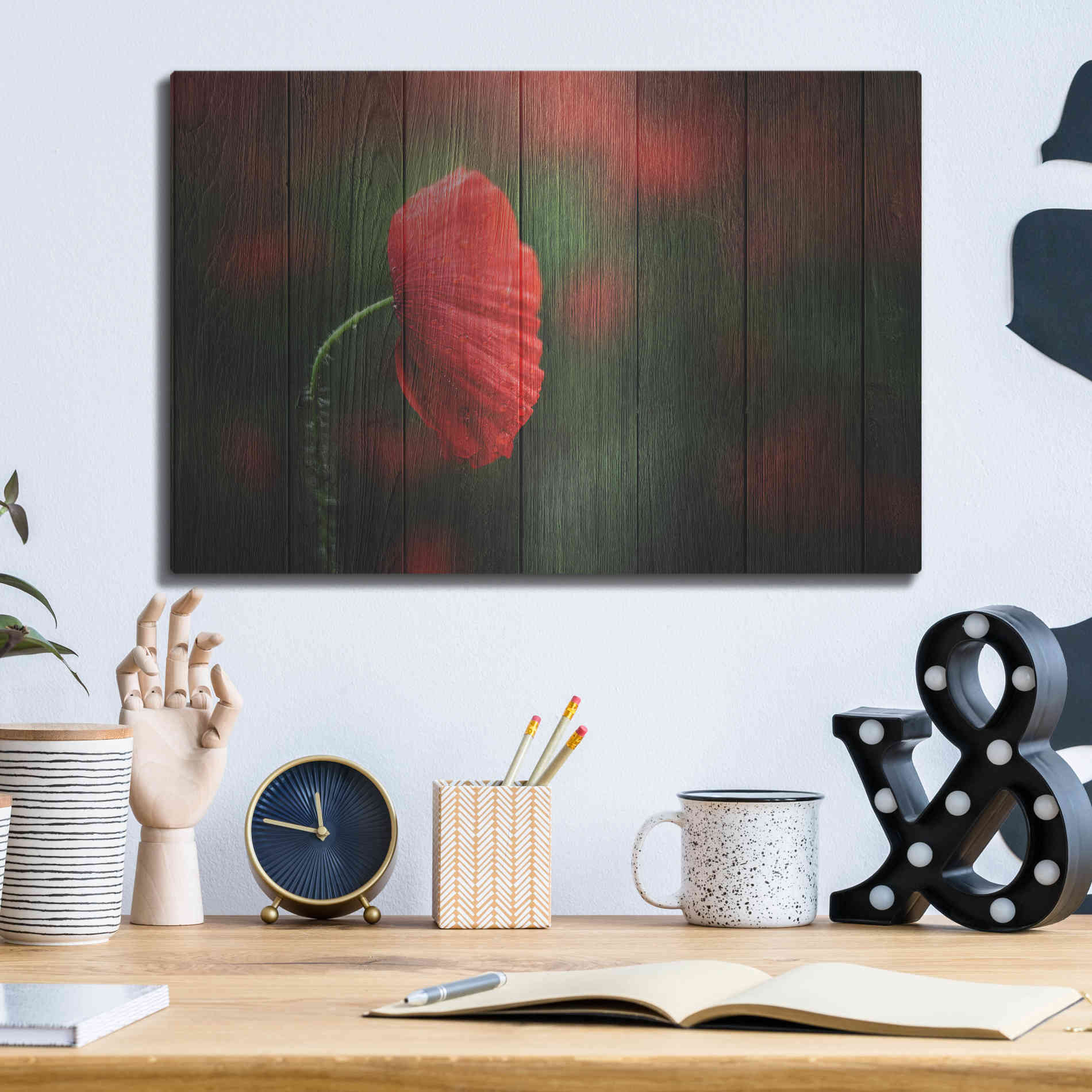 Luxe Metal Art 'Wood Series: A Red Poppy', Metal Wall Art,16x12