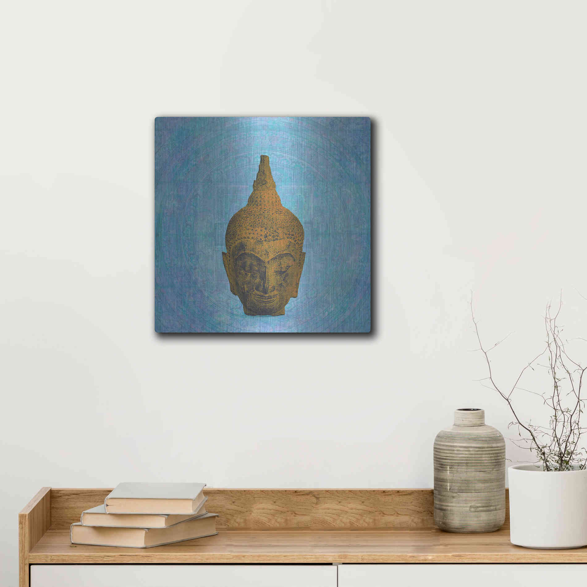 Luxe Metal Art 'Buddha on Blue' by Elena Ray, Metal Wall Art,12x12