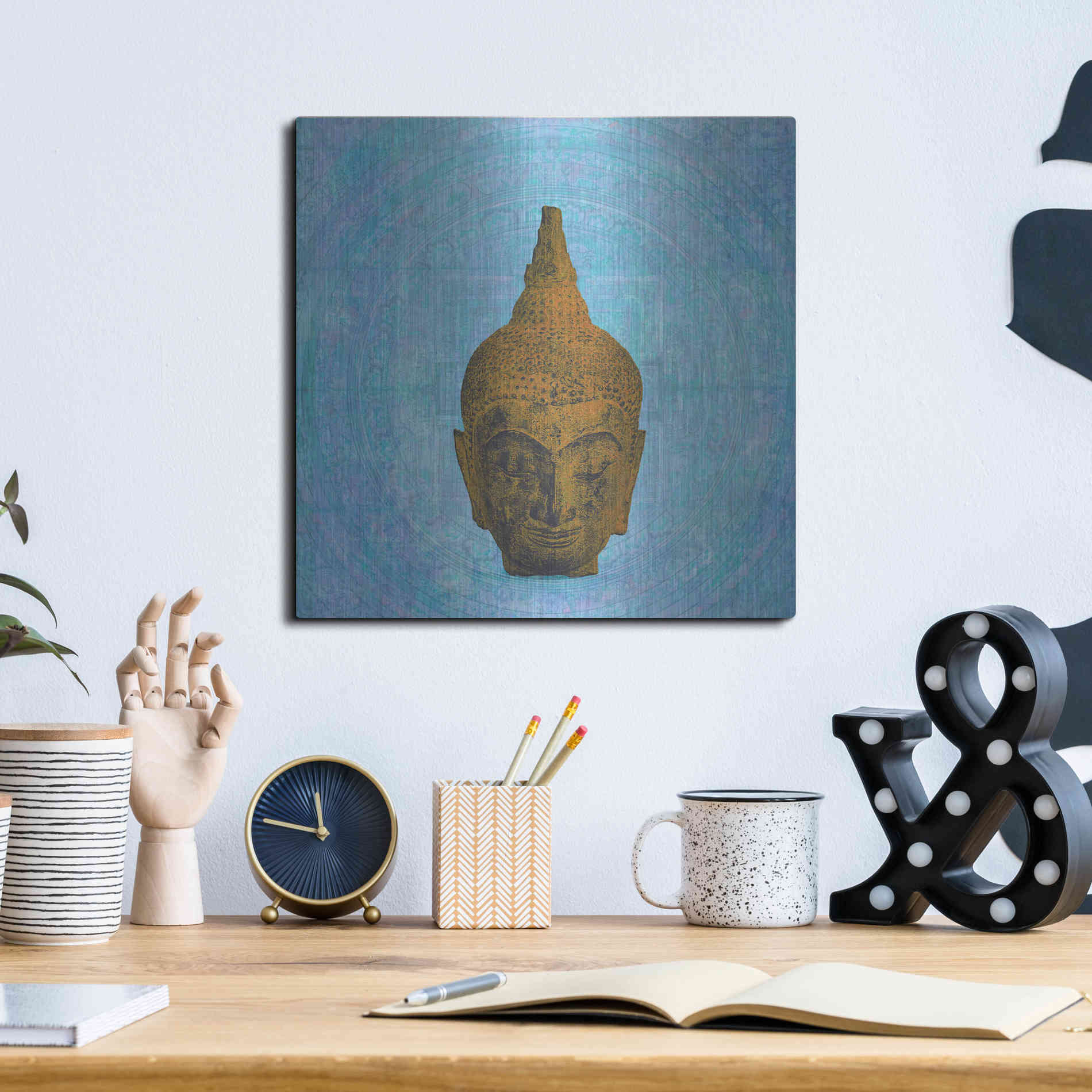 Luxe Metal Art 'Buddha on Blue' by Elena Ray, Metal Wall Art,12x12