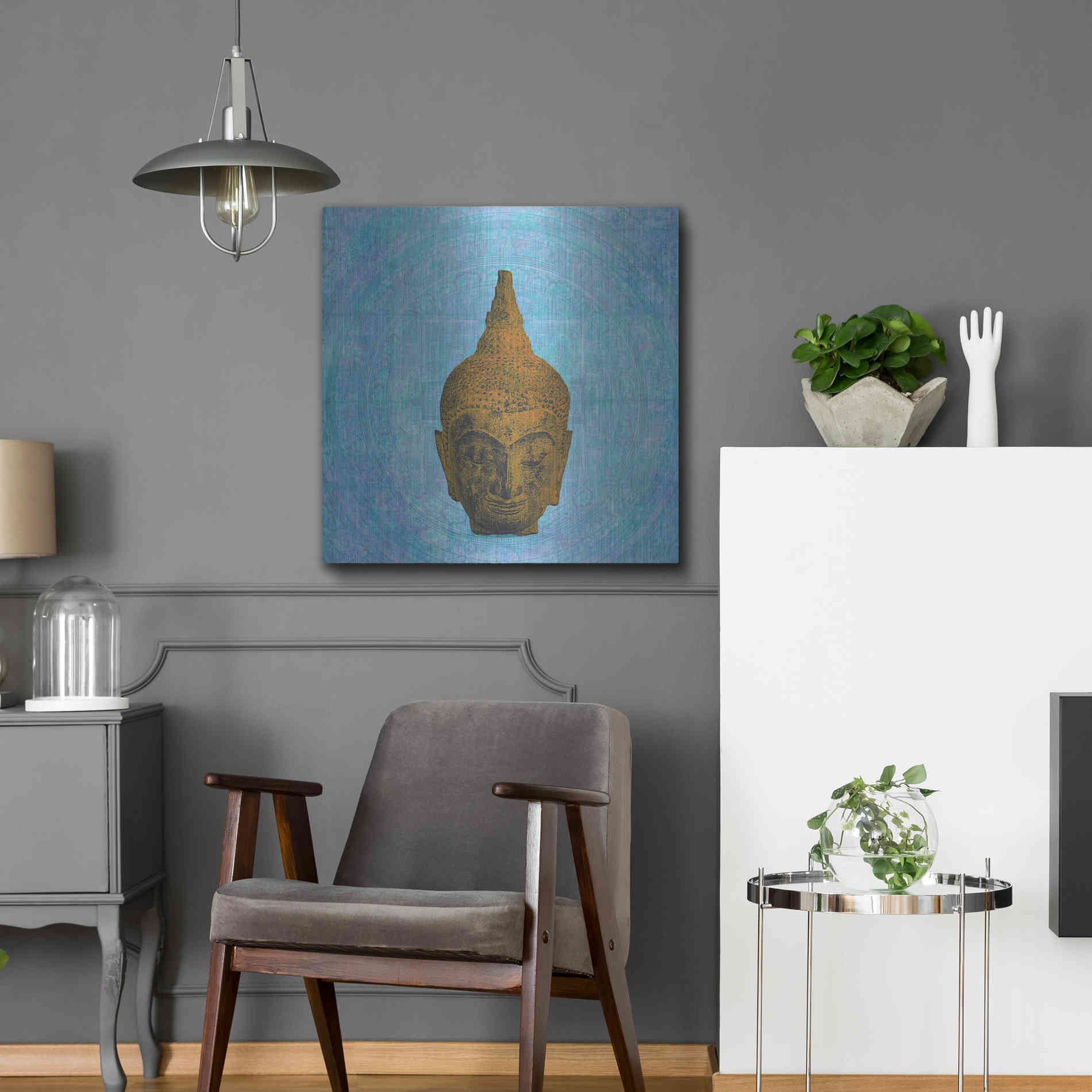 Luxe Metal Art 'Buddha on Blue' by Elena Ray, Metal Wall Art,24x24