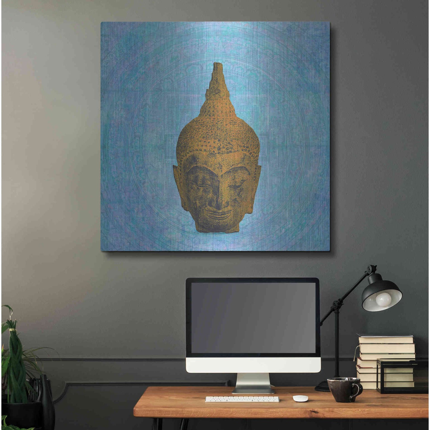 Luxe Metal Art 'Buddha on Blue' by Elena Ray, Metal Wall Art,36x36