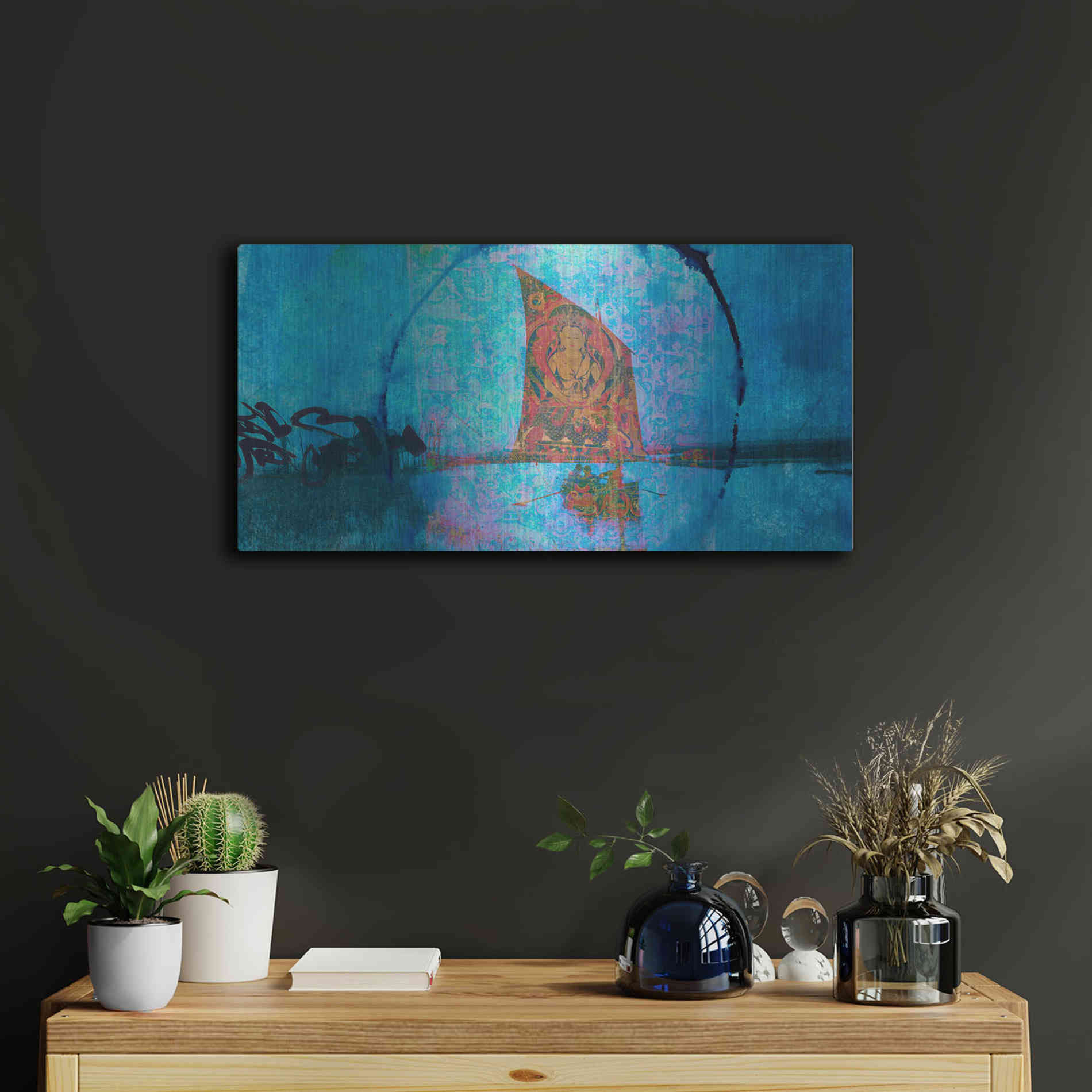 Luxe Metal Art 'Buddhist Sailboat' by Elena Ray, Metal Wall Art,24x12