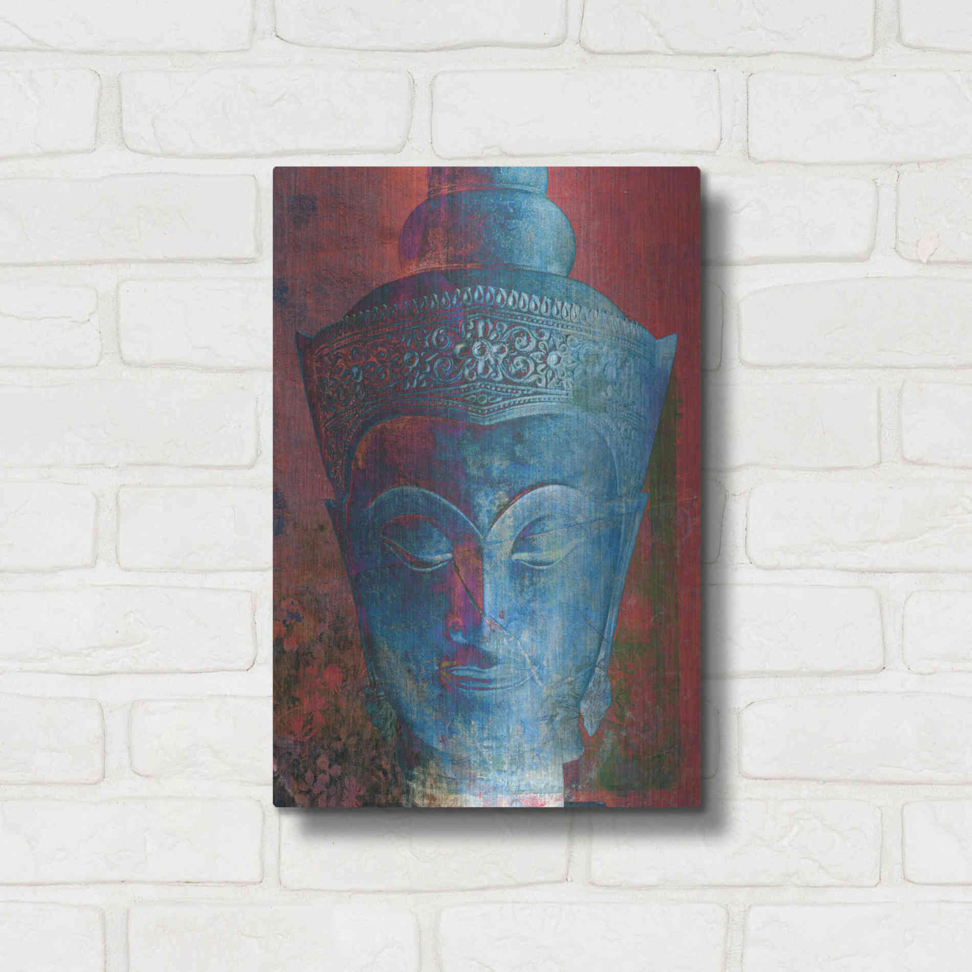 Luxe Metal Art 'Blue Buddha Head' by Elena Ray, Metal Wall Art,12x16